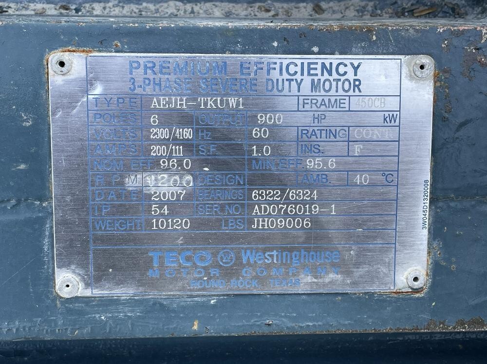 900 HP TECO Westinghouse Motor 1200 RPM 2300/4160V 450CB Frame