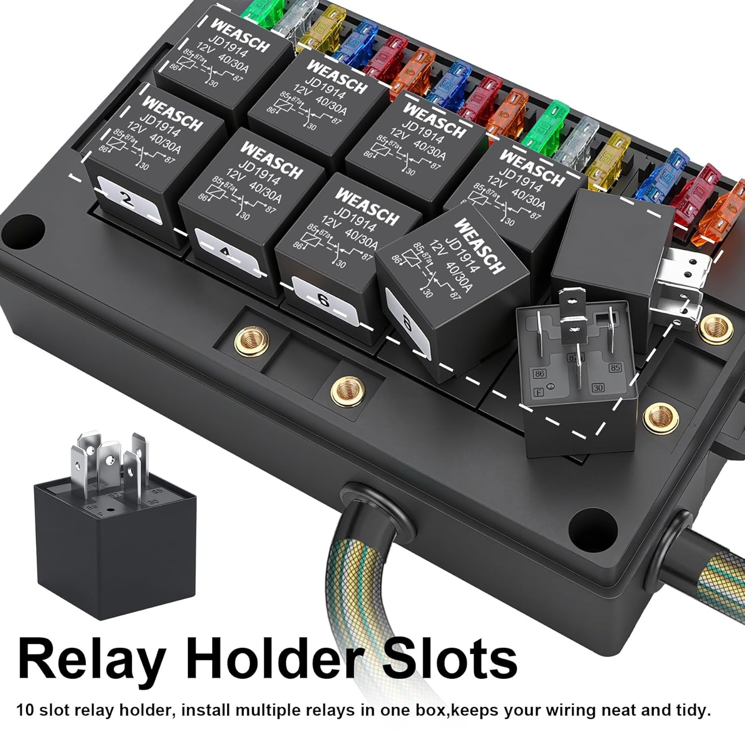 12V Relay Box 15 Way Fuse Relay Box, with Pre-Wired, 10 Relays and 15 ATC/ATO Bl