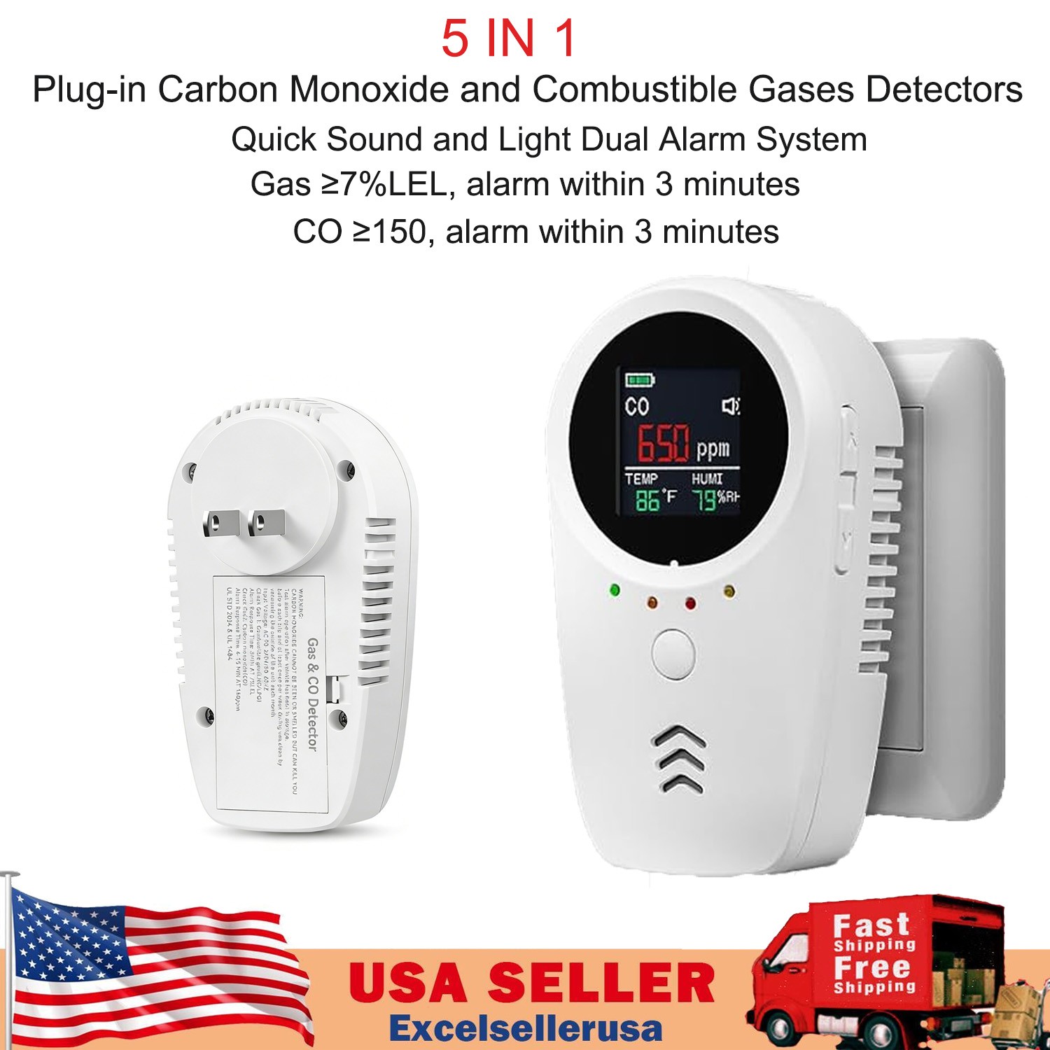 5-in-1 Carbon Monoxide Detectors Smoke Detector,Combustible Gas Alarm Detector