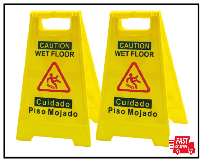 2-Pack Caution Wet Floor Sign, 17.5″ Height, Bright Yellow, Double-Sided Folding