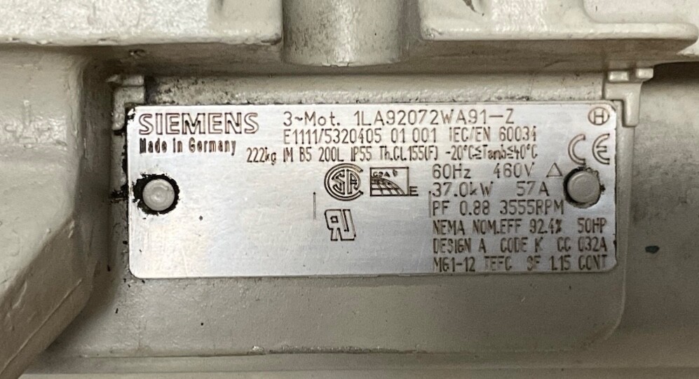 SIEMENS 1LA92072WA91-Z NEW ELECTRIC MOTOR 60Hz, 460V, 37.0Kw, 3555Rpm