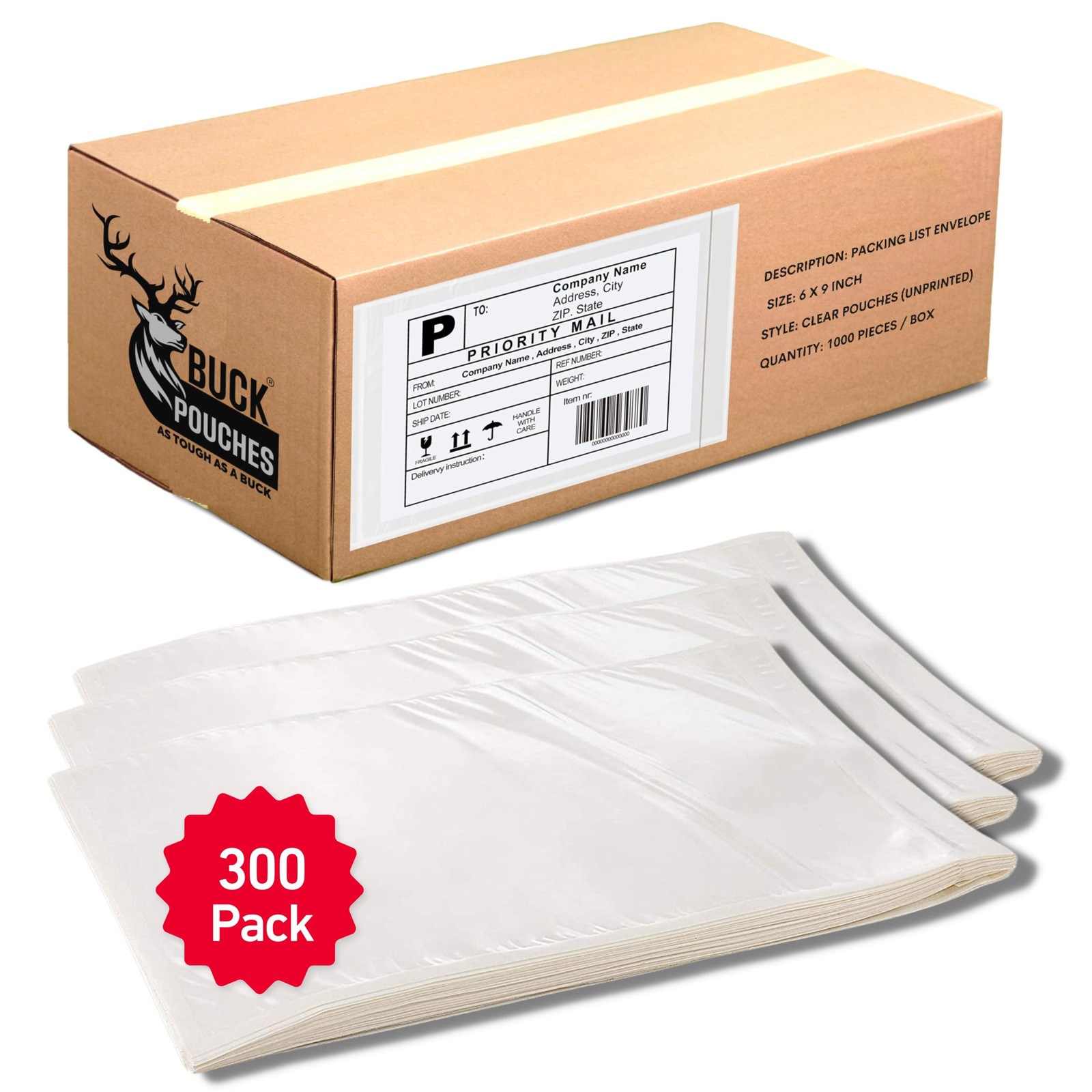 Buck Tape As Tough As A Buck 300 Pack 6X9 Label Self-Adhesive Slip Pouches