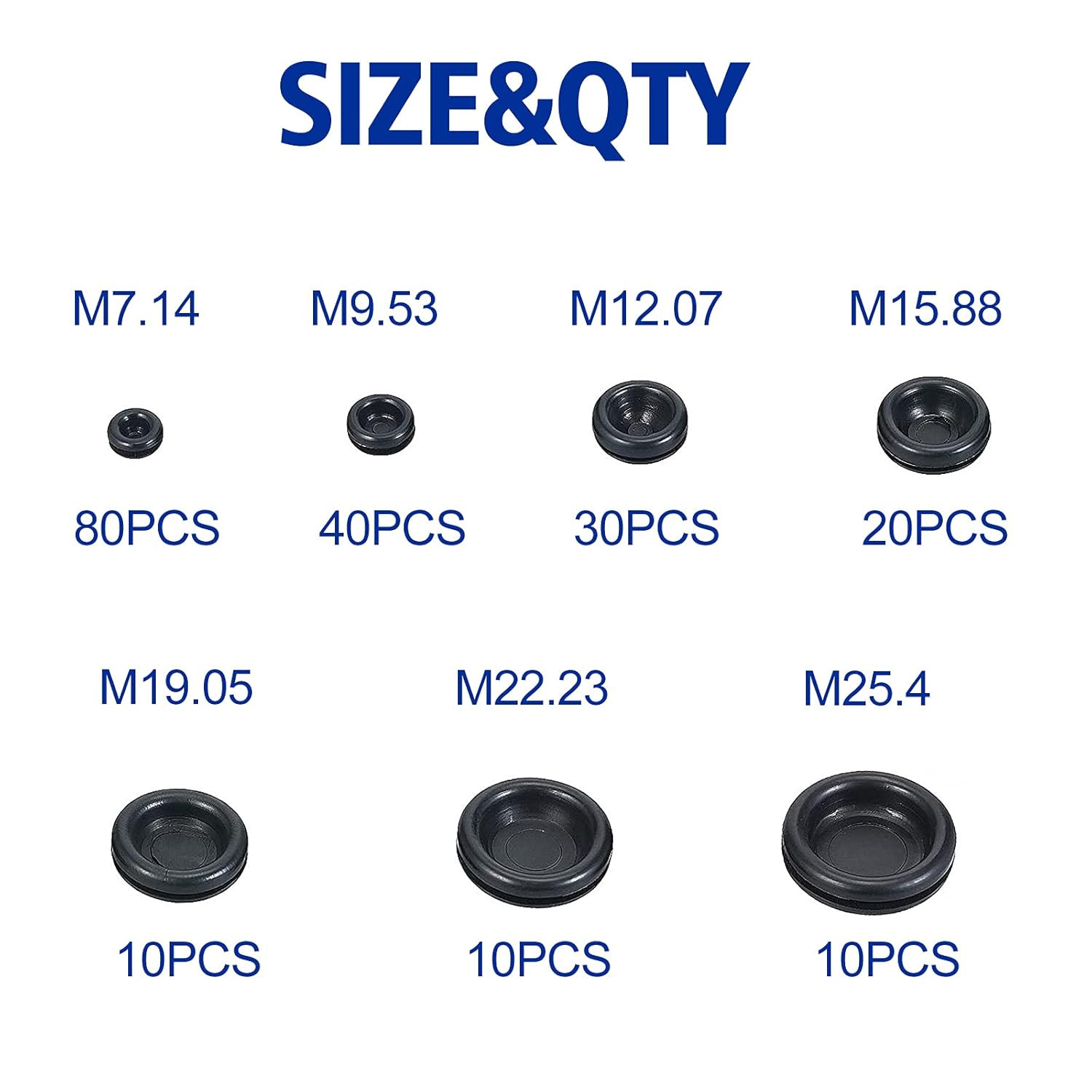 200 PCS 7 Sizes Rubber Grommet Assortment Firewall Solid Closed Hole Plug