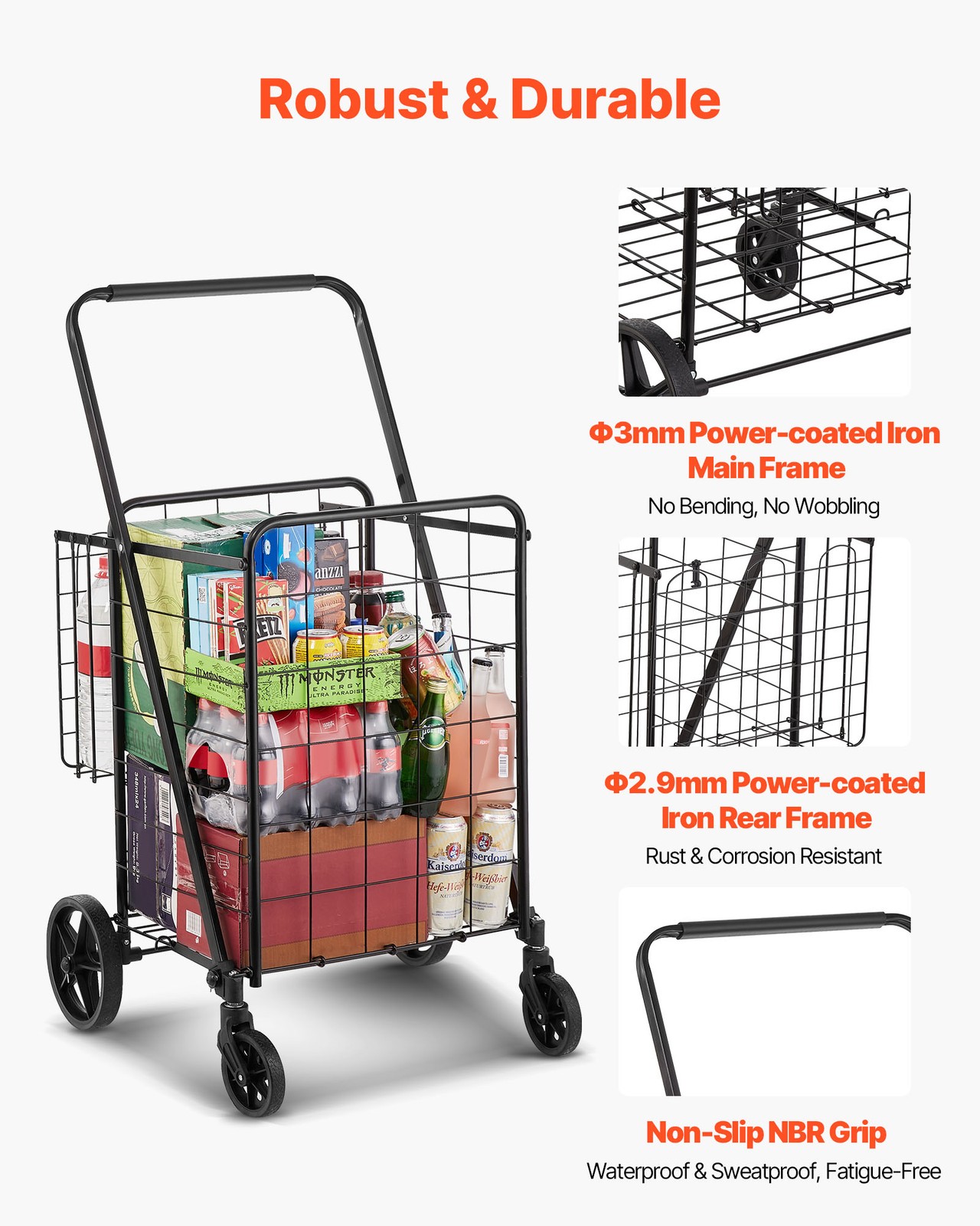 VEVOR Folding Shopping Cart Rolling Grocery Cart with Double Baskets 110 LBS