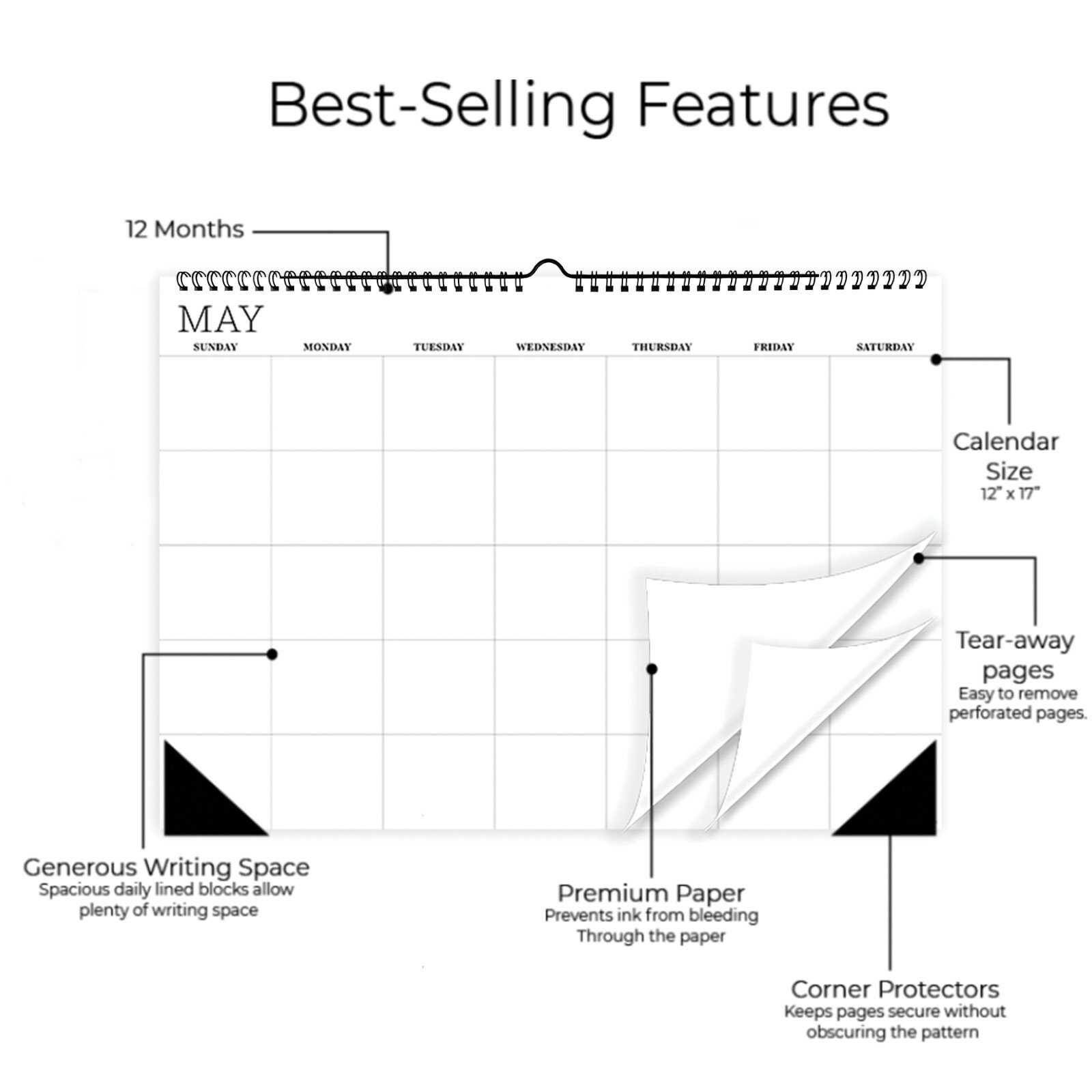 Undated 17″ x 12″ Dry Erase Medium Wire-o Hanging Horizontal Wall Calendar