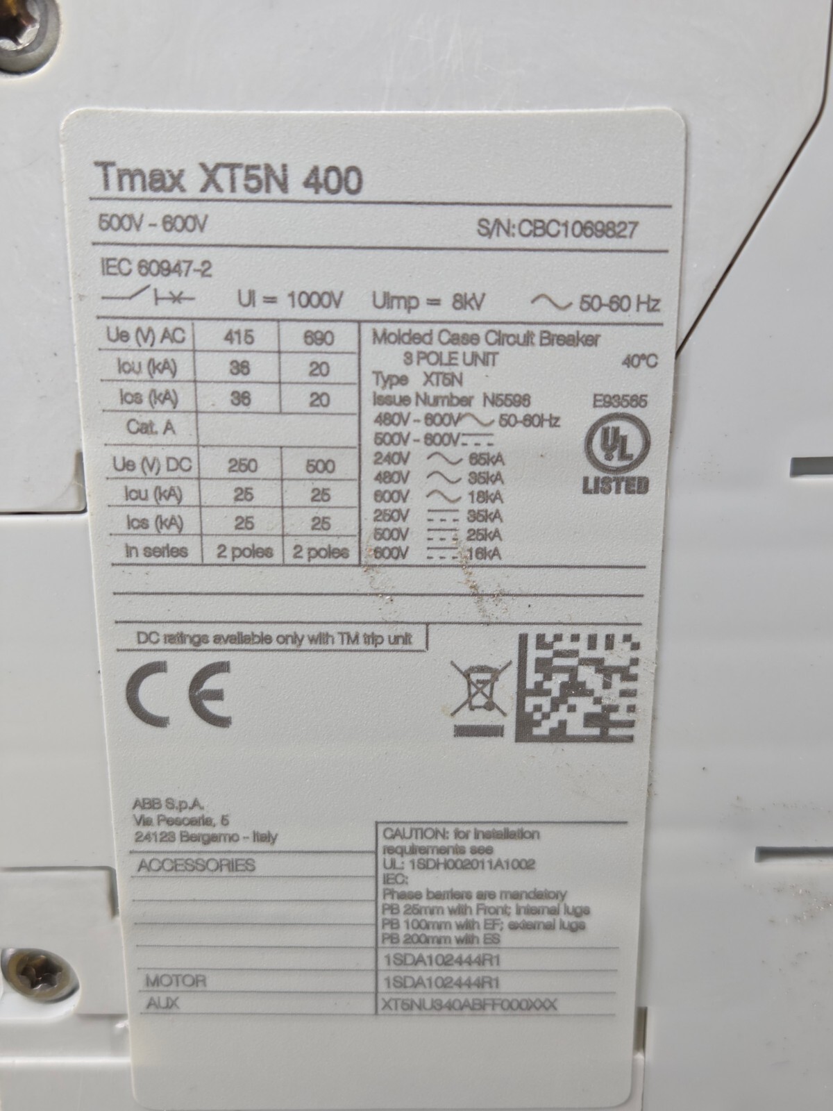 ABB SACE Tmax XT5N 400 3 Pole 400 Amp 600v Circuit Breaker New Open Box