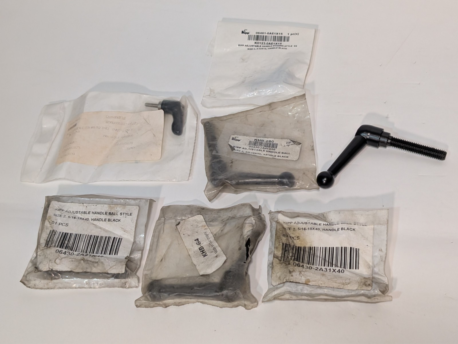 Lot of 7 KIPP K0123.0AE1X15, KHB-280, KHB-64 adjustable ball handles as shown