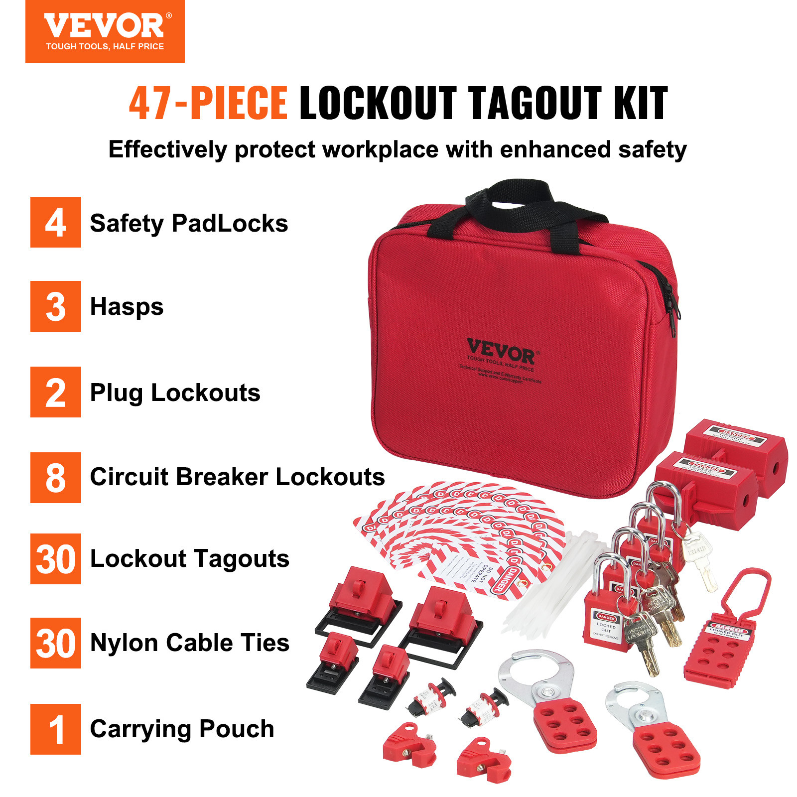 VEVOR 47 PCS Electrical Lockout Tagout Kit Safety Padlocks Hasps Tags Ties Bag
