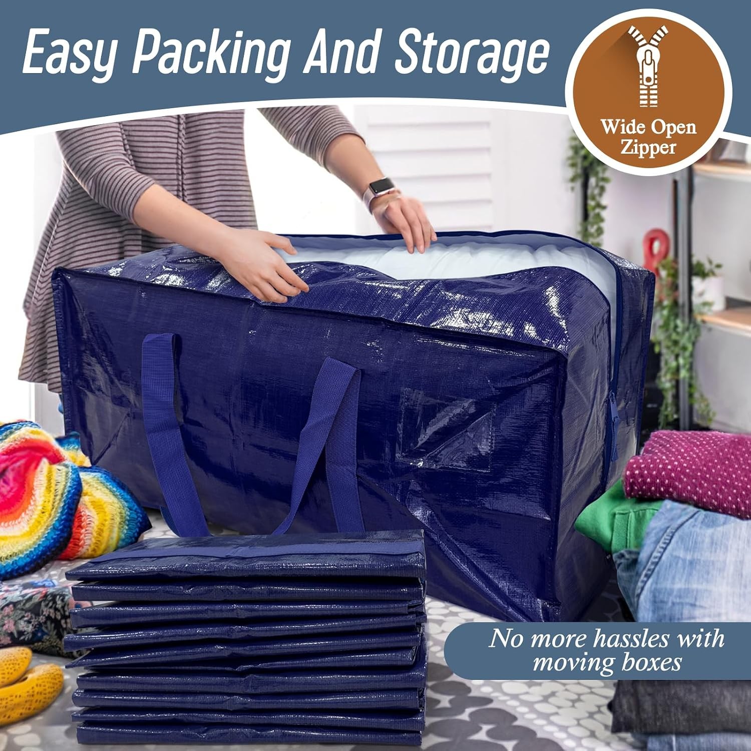 6 Pack Extra Heavy Duty Large Moving Bags with Strong Zipper, Dark Blue |…