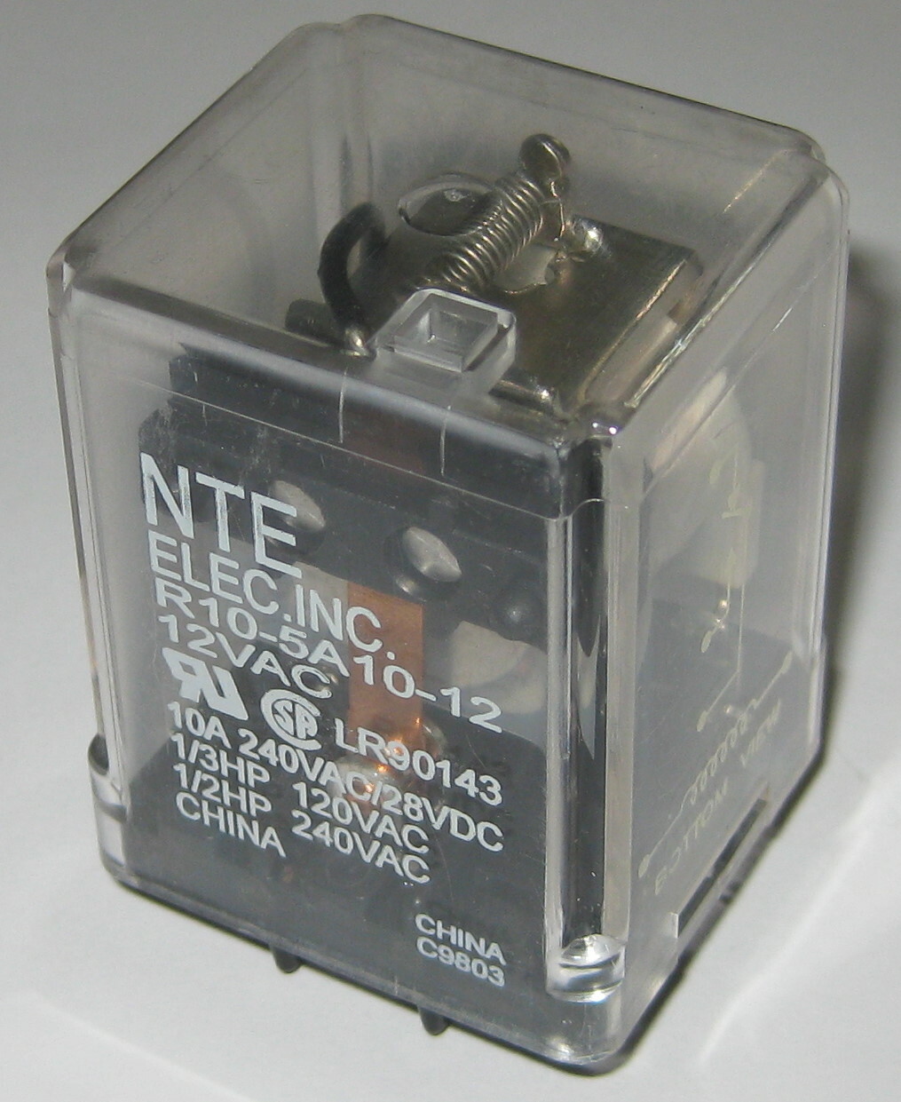 120 / 240 V AC – 10 A SPDT See Through NTE Relay – 12 VAC Coil – 28VDC 10A
