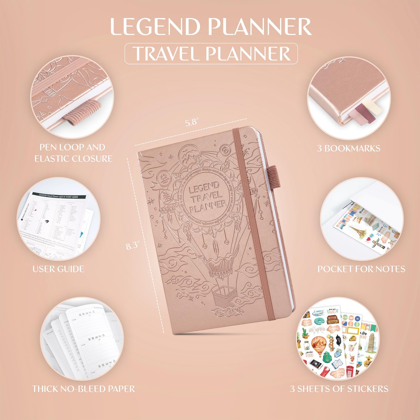 Legend Travel Planner – Vacation Itinerary A5 (5.8″ x 8.3″), Rose Gold