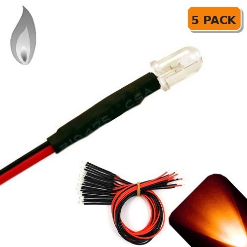 5 x 12v 5mm Pre wired LEDs Flickering Candle Amber Orange LED Bright PreWired