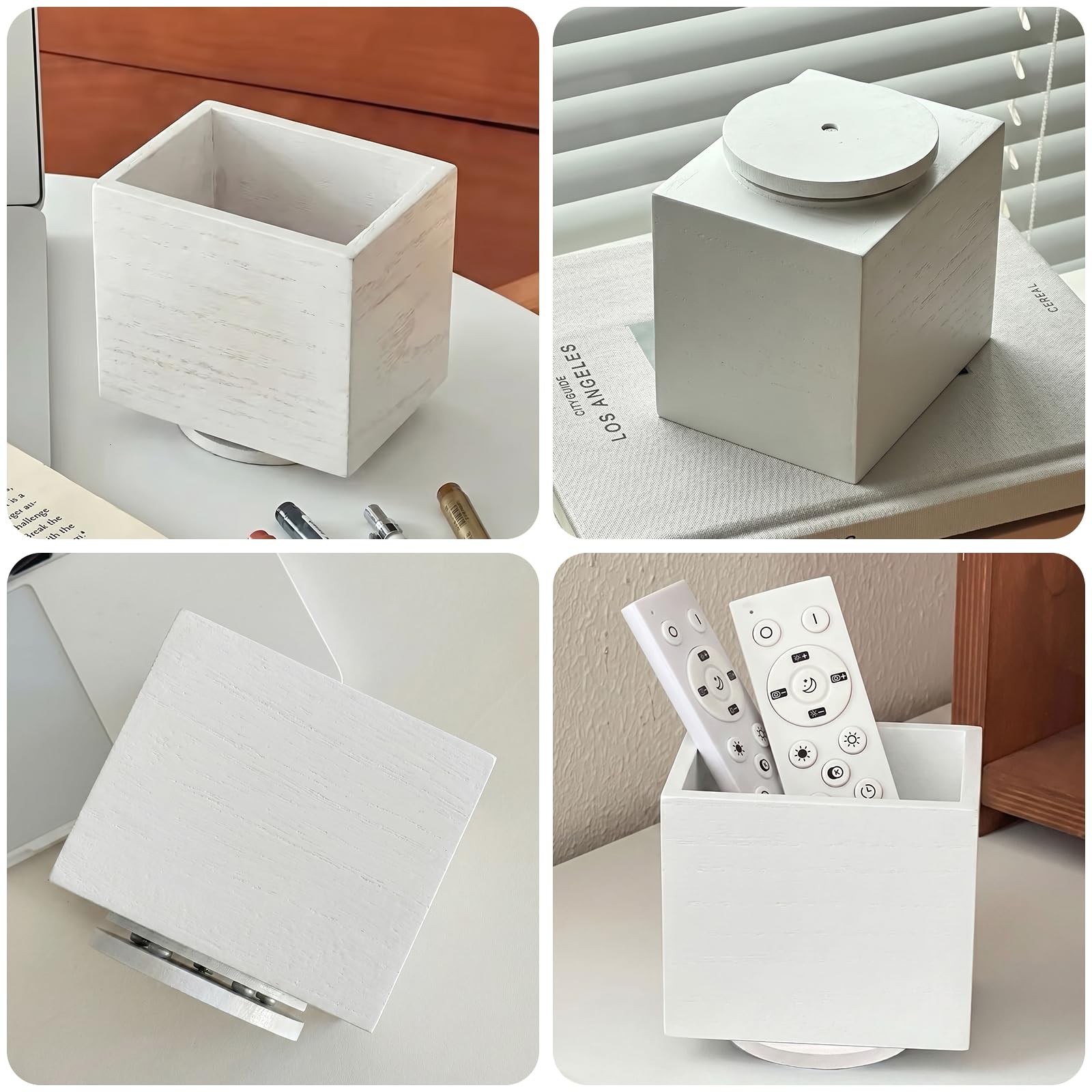 360 Rotating Wooden TV Remote Control Holder Desktop Caddy Organizer White