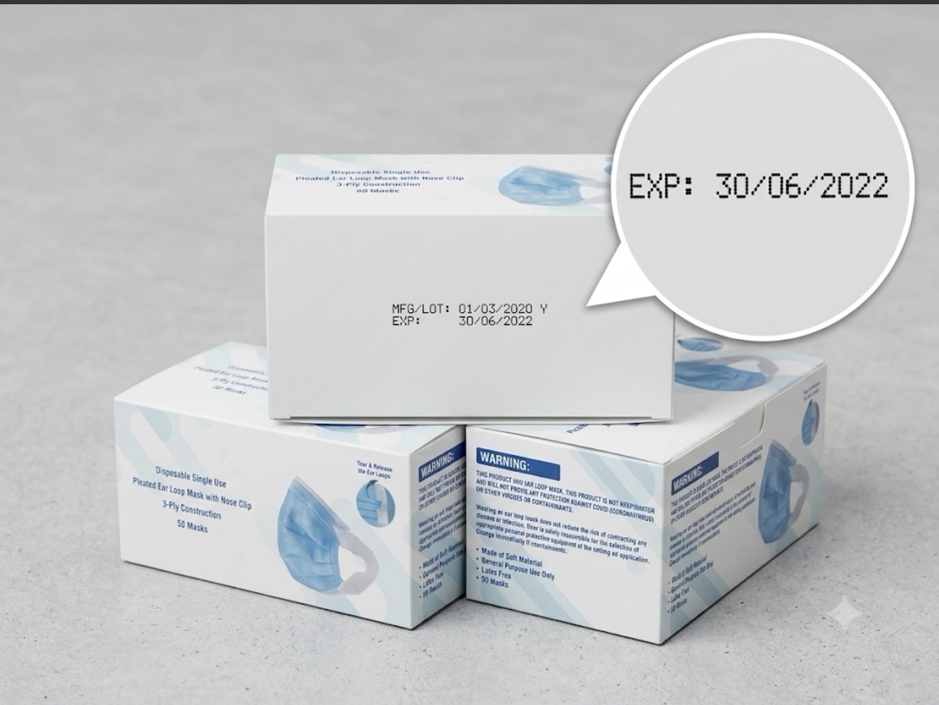 50 Count 3-Ply Disposable Face Masks Blue Ear Loop General Purpose EXP 2022