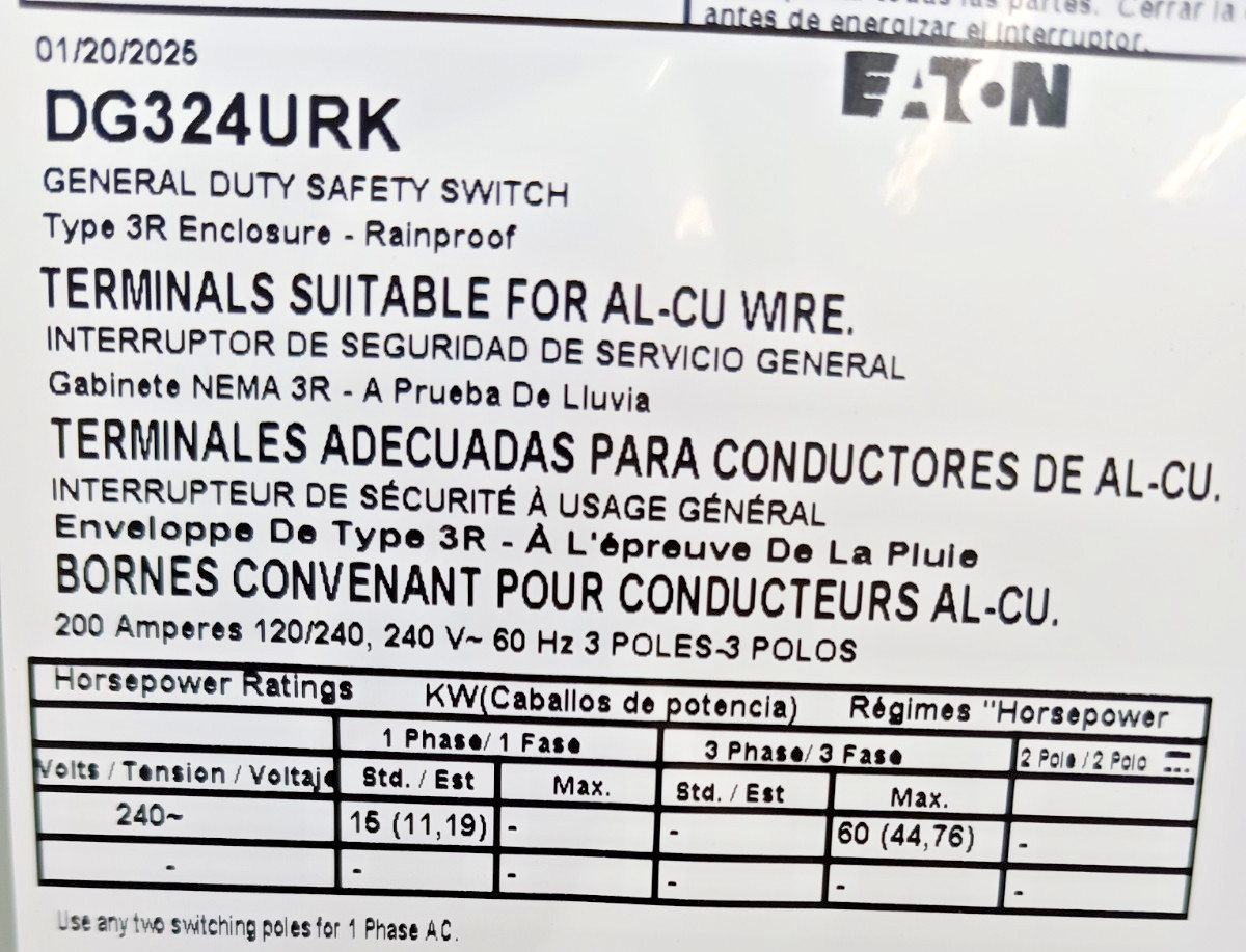 Eaton 200 Amp Non-Fusible Safety Disconnect Switch 3R Outdoor 240 Vac DG324URK