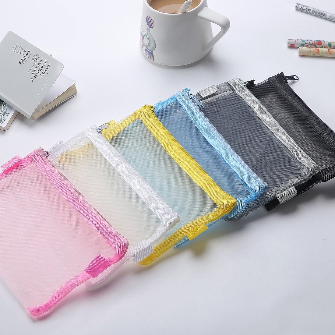 6 PCS White Zipper Files Bag Transparent Mesh Documents Pocket Pouch A5 Size