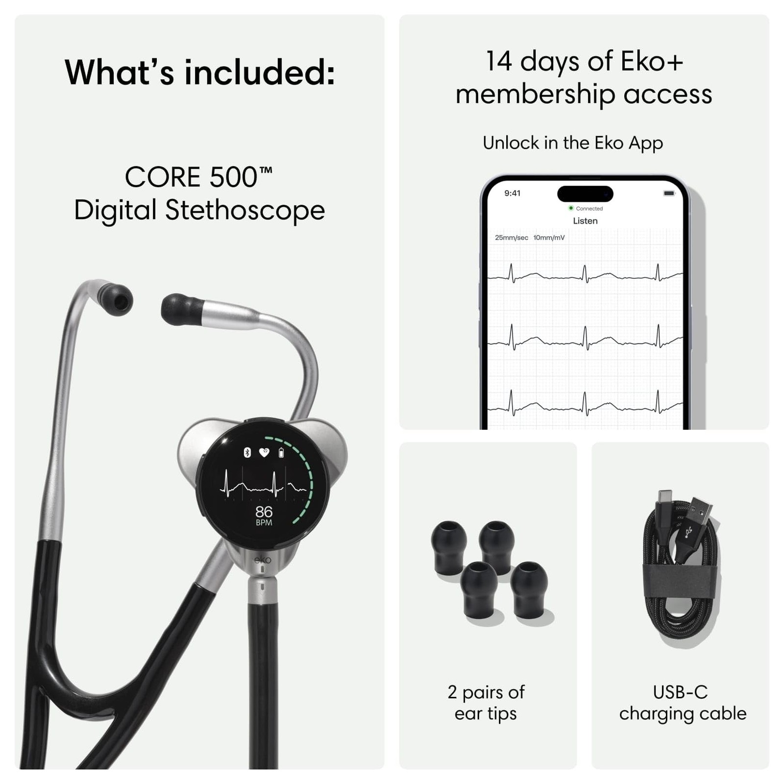 Eko CORE 500 Digital Stethoscope 40x Amp 3-Lead ECG FDA-Cleared Champagne