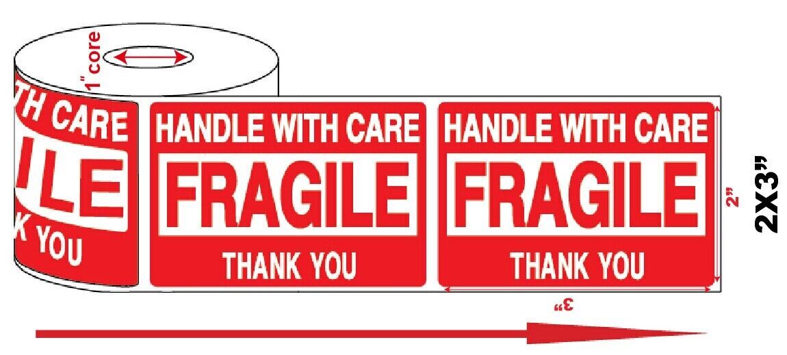 2 RollS 1000 2 x 3 FRAGILE HANDLE WITH CARE Stickers Labels