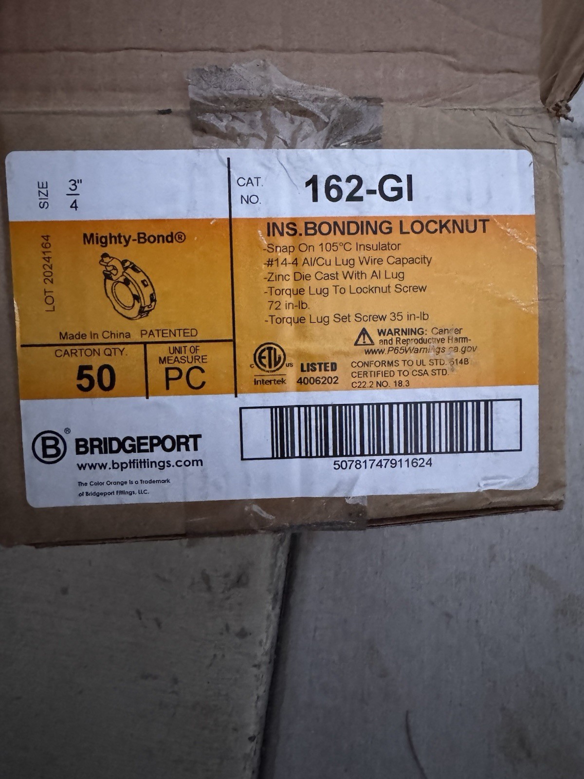 Bridgeport 162-GI 3/4 in Insulated Bonding Locknut Zinc IP54 Box of 50