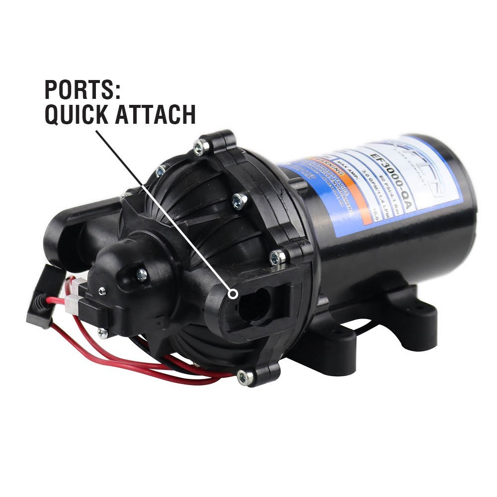 Everflo EF3000-QA 12V Diaphragm Sprayer Pump – 3.0GPM, 60 PSI Max, 3/4″ QA Ports