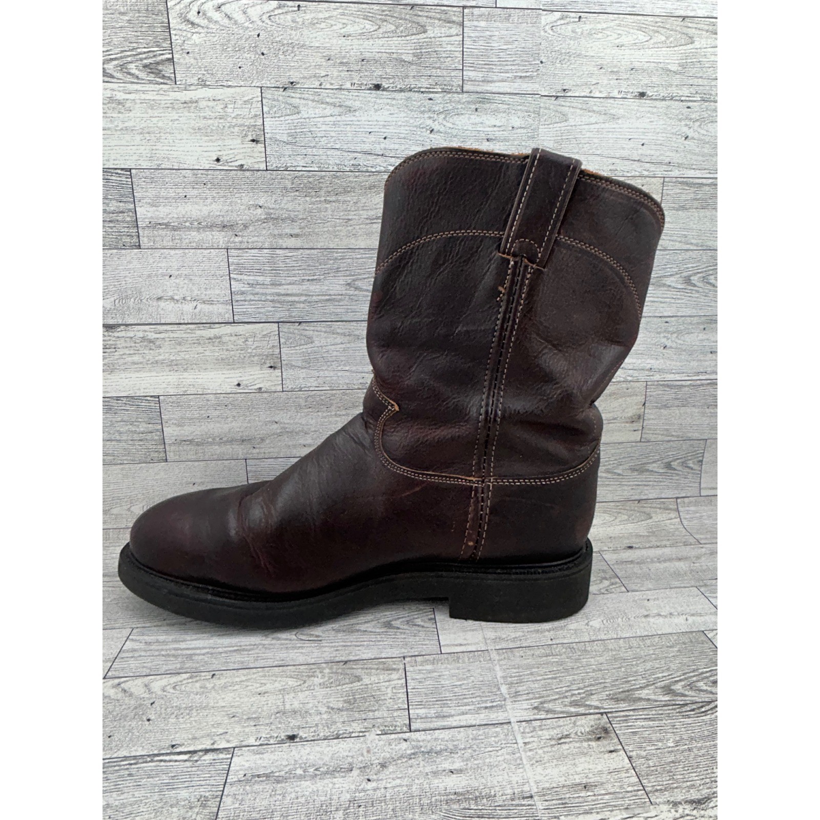 Justin Dark Brown Leather Work Boots Pull On Roper Round Toe Oil Resist Men 12D