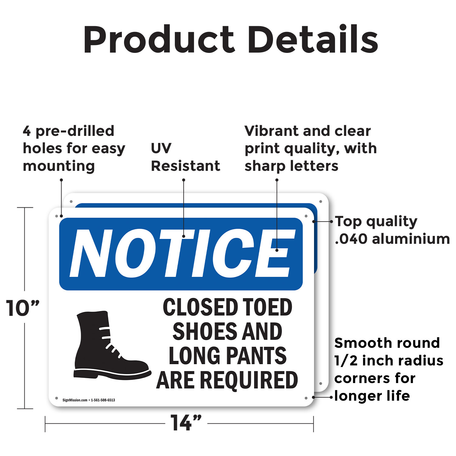 (2 Pack) Closed Toed Shoes And Long Pants OSHA Notice Sign Decal Metal Plastic
