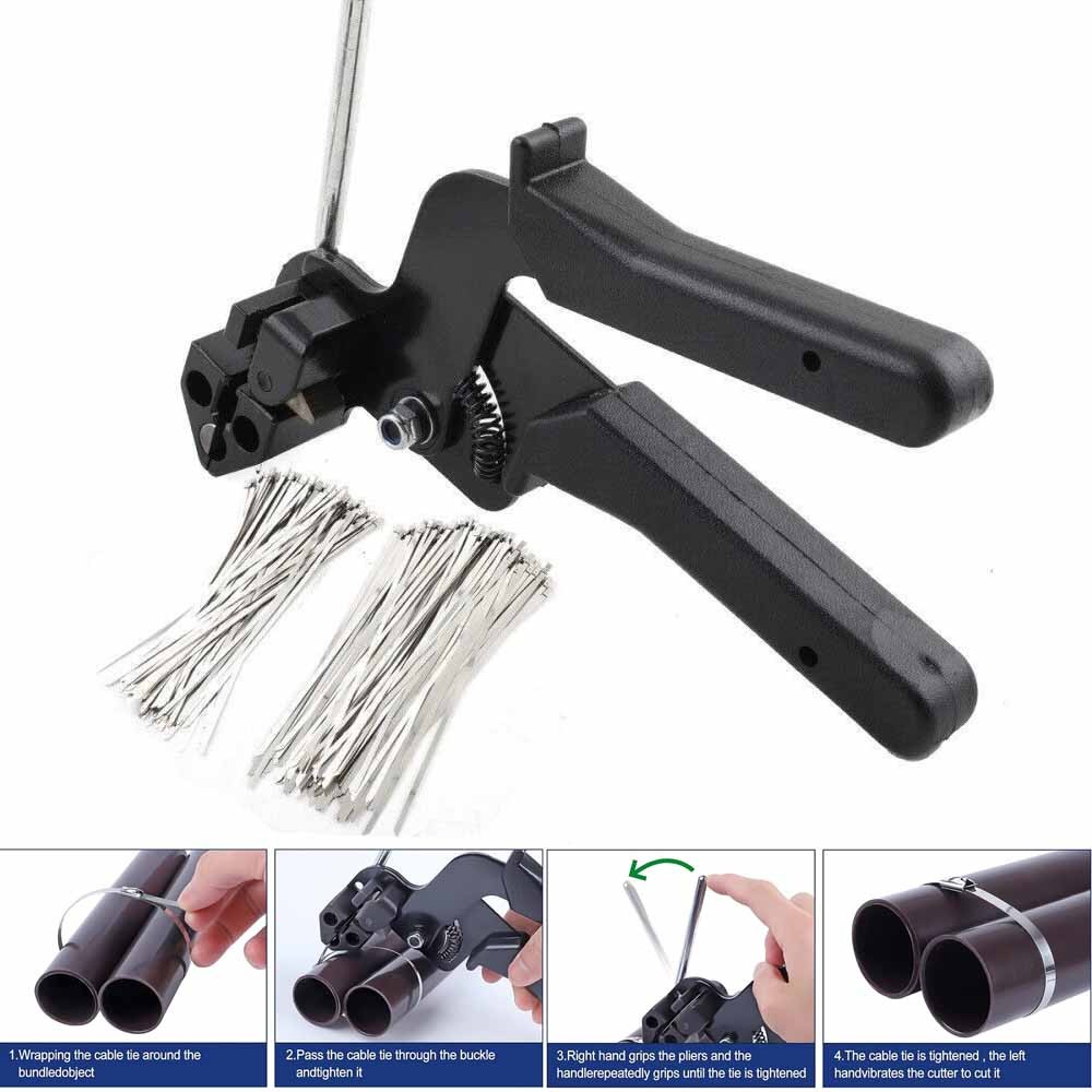 Cable Tie Tool Gun Kit Stainless Steel with 200 pcs Metal Zip Ties #E