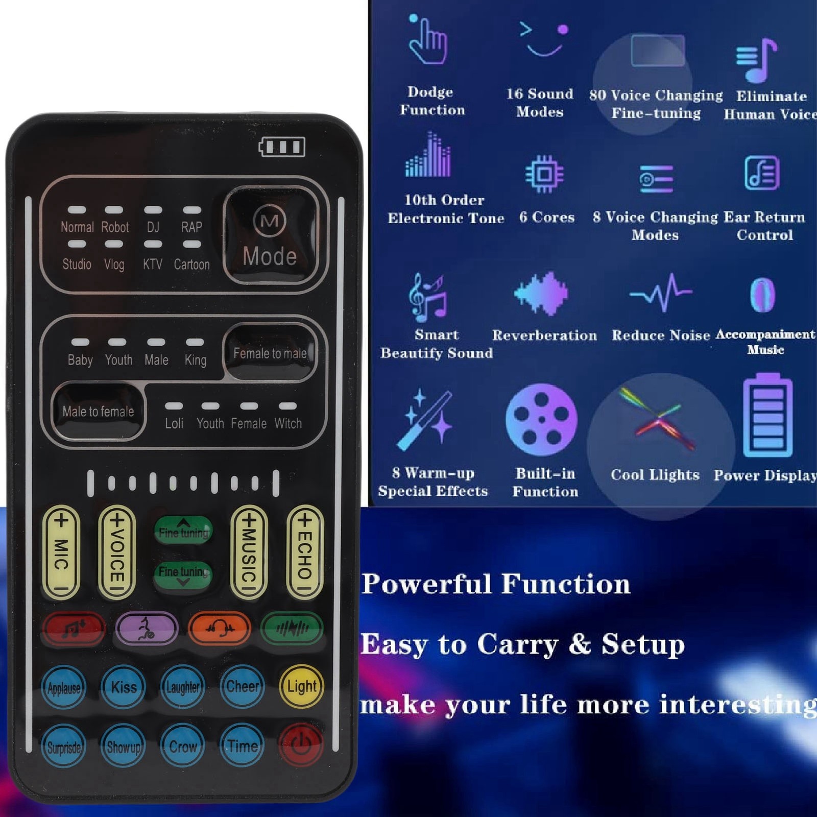Mini Live Sound Card Voice Changer 8 Vocal Tones 8 Built-in Sound Effects