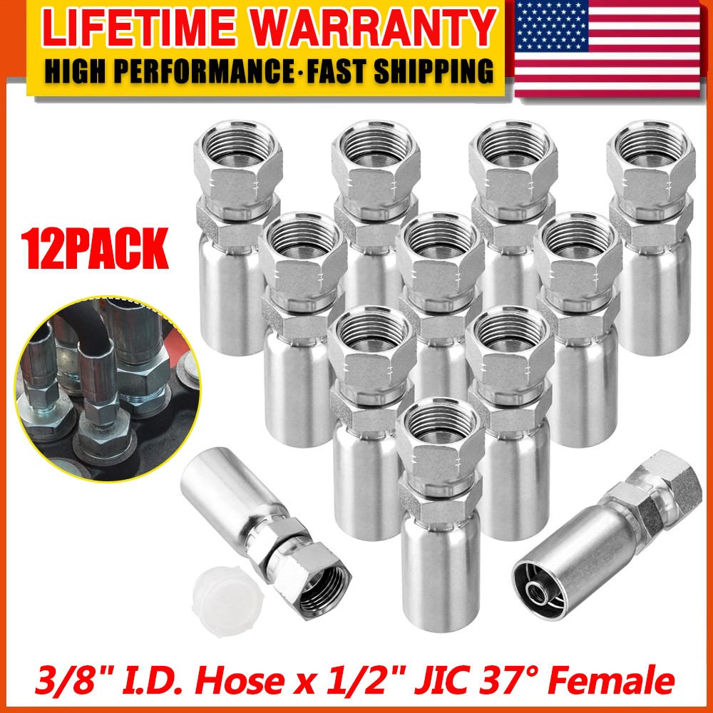 New-12 Pack 3/8″ Hydraulic Hose Fittings, 3/8″ I.D. Hose x 1/2″ JIC 37° Female