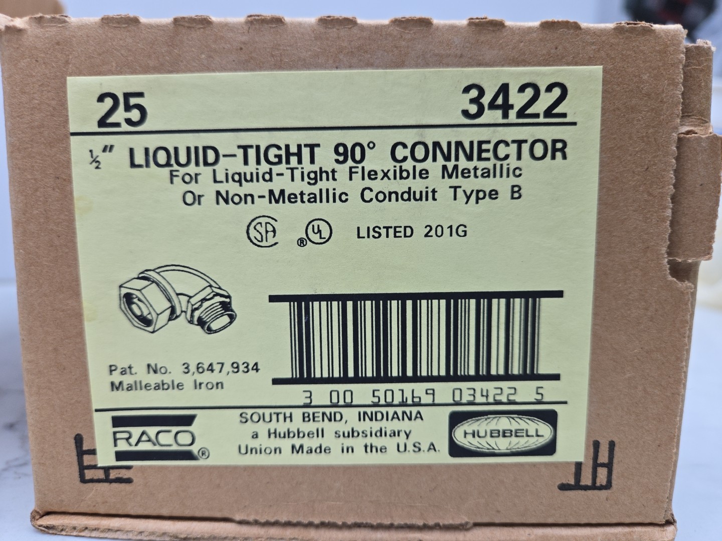 25 Pack Raco 3422 90° Conduit Connector 1/2″ Liquid-Tight Steel Electro Zinc New
