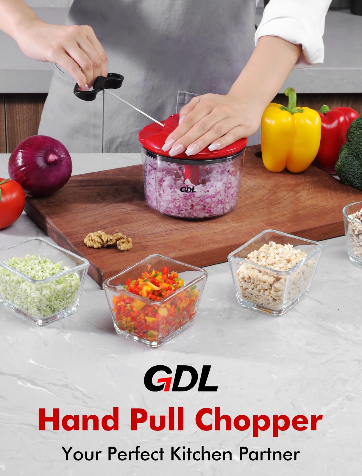 GDL Food Chopper, Pull Onion Chopper Dicer, Hand Powered 3.4 cup, Red