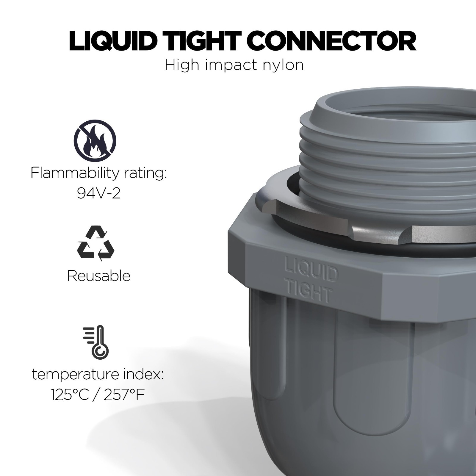 1/2″ Liquid Tight Conduit Connectors – Non-Metallic NPT Fittings, 180° Angle, UL