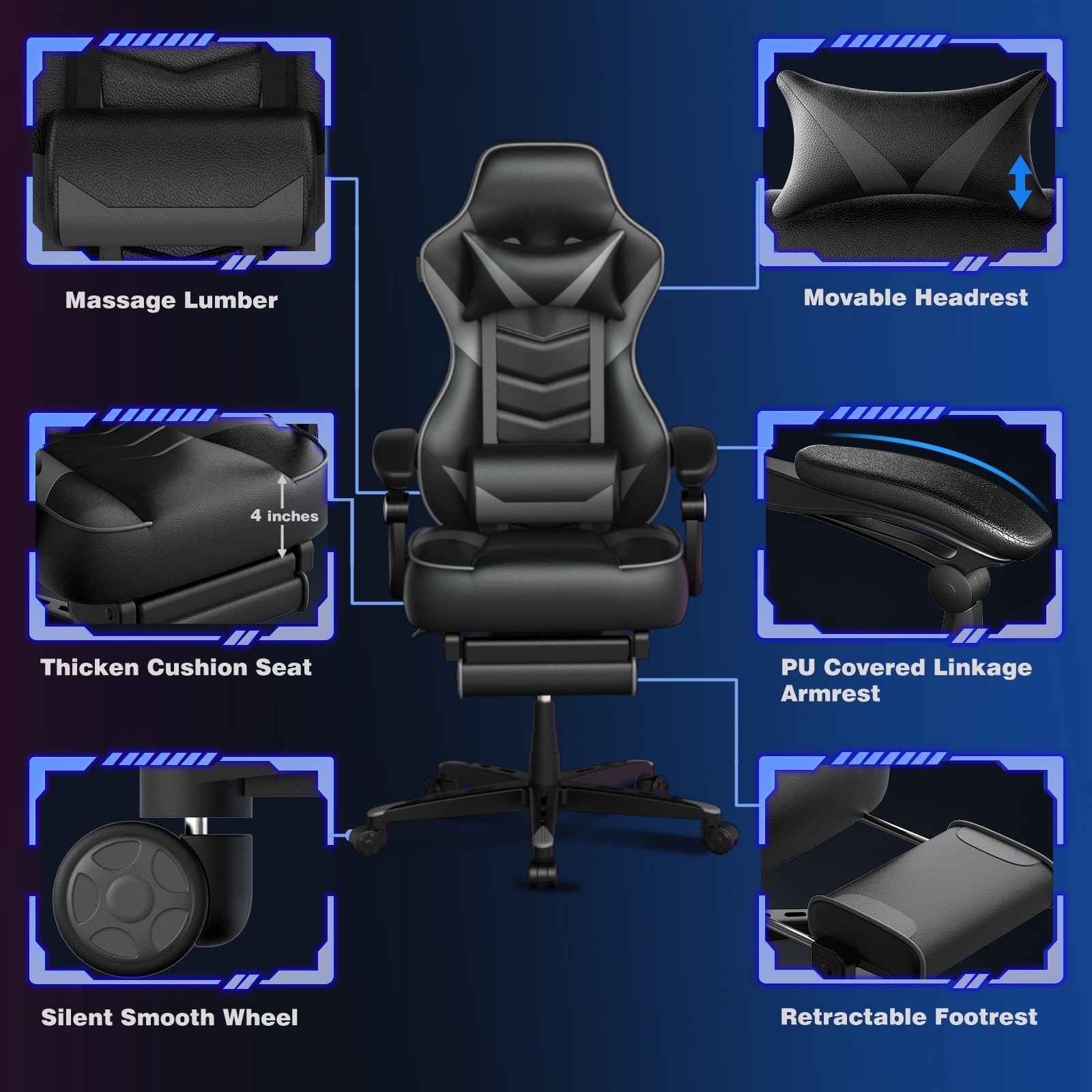 ELECWISH Gaming Chair Ergonomic Swivel Recliner Office Seat w/ Lumbar support