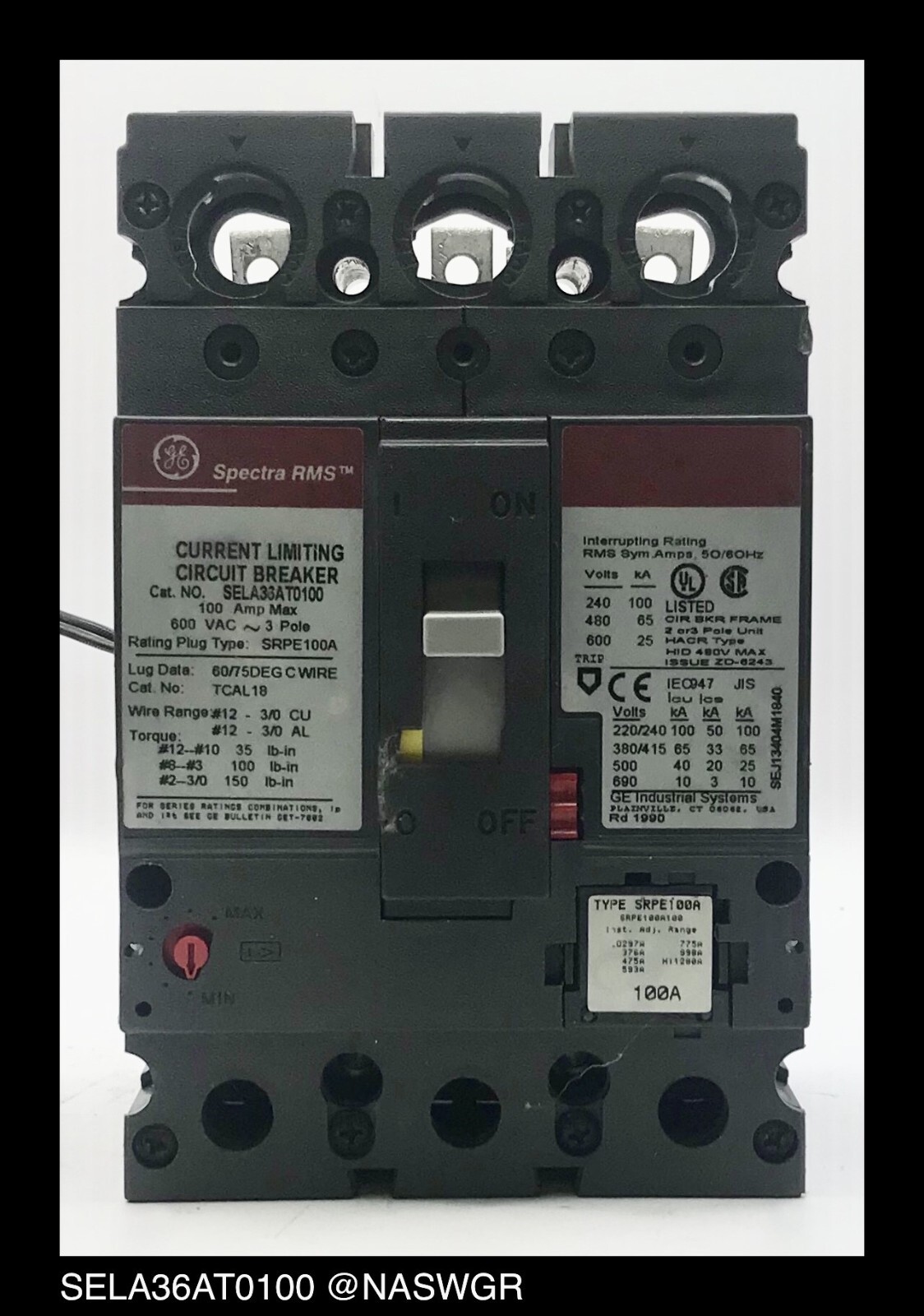 GE Spectra RMS SELA36AT0100 Circuit Breaker w/ 24v Shunt Trip ~ 100 Amp – Tested