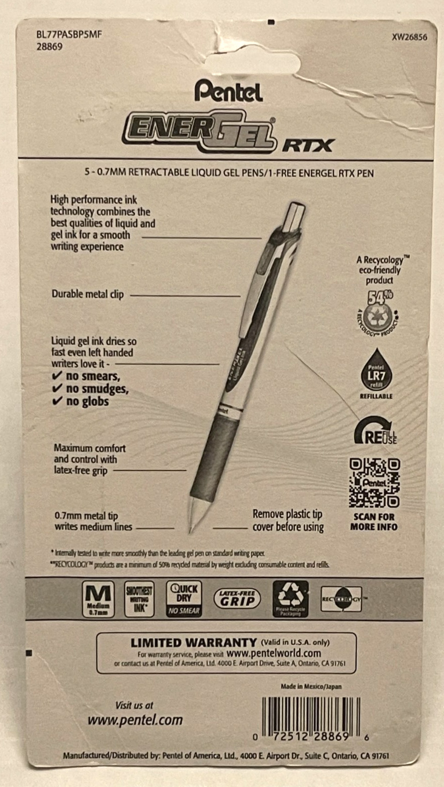 Pentel EnerGel RTX Retractable Liquid Gel Pen, 6 pack Assorted Colors