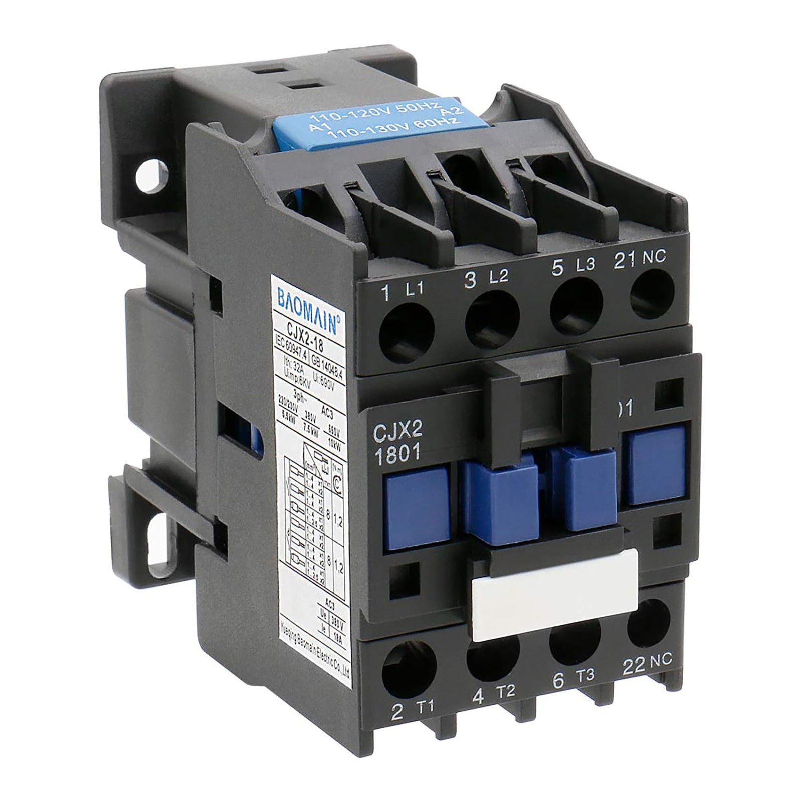 Baomain Ac Contactor Cjx2-1801 110V 50/60 Hz Coil 3 Phase 660V 18A, Co