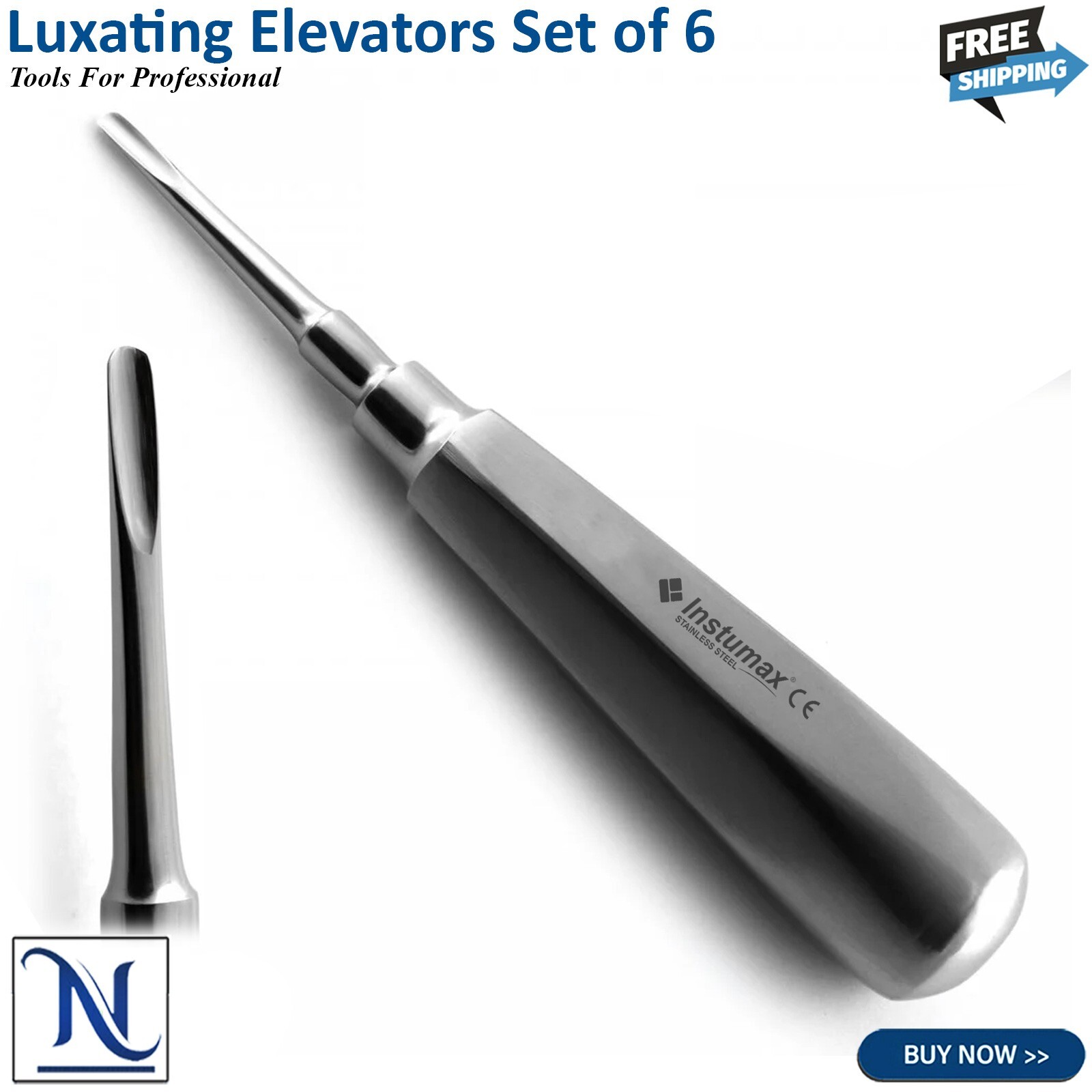 Set Of 6 Dental Luxating Elevators Straight Curved Shank Surgical Extraction Kit