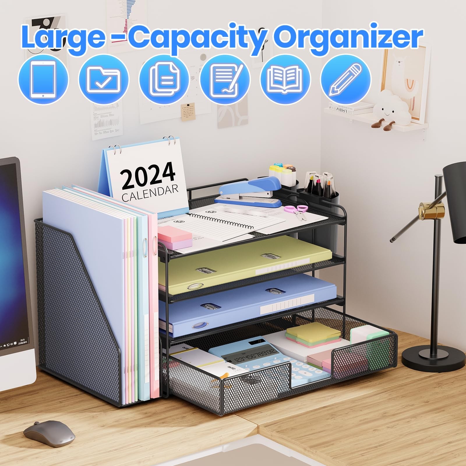 OPNICE Desk Organizer, 4-Tier Desktop File Organizer with Drawer 4T, Black