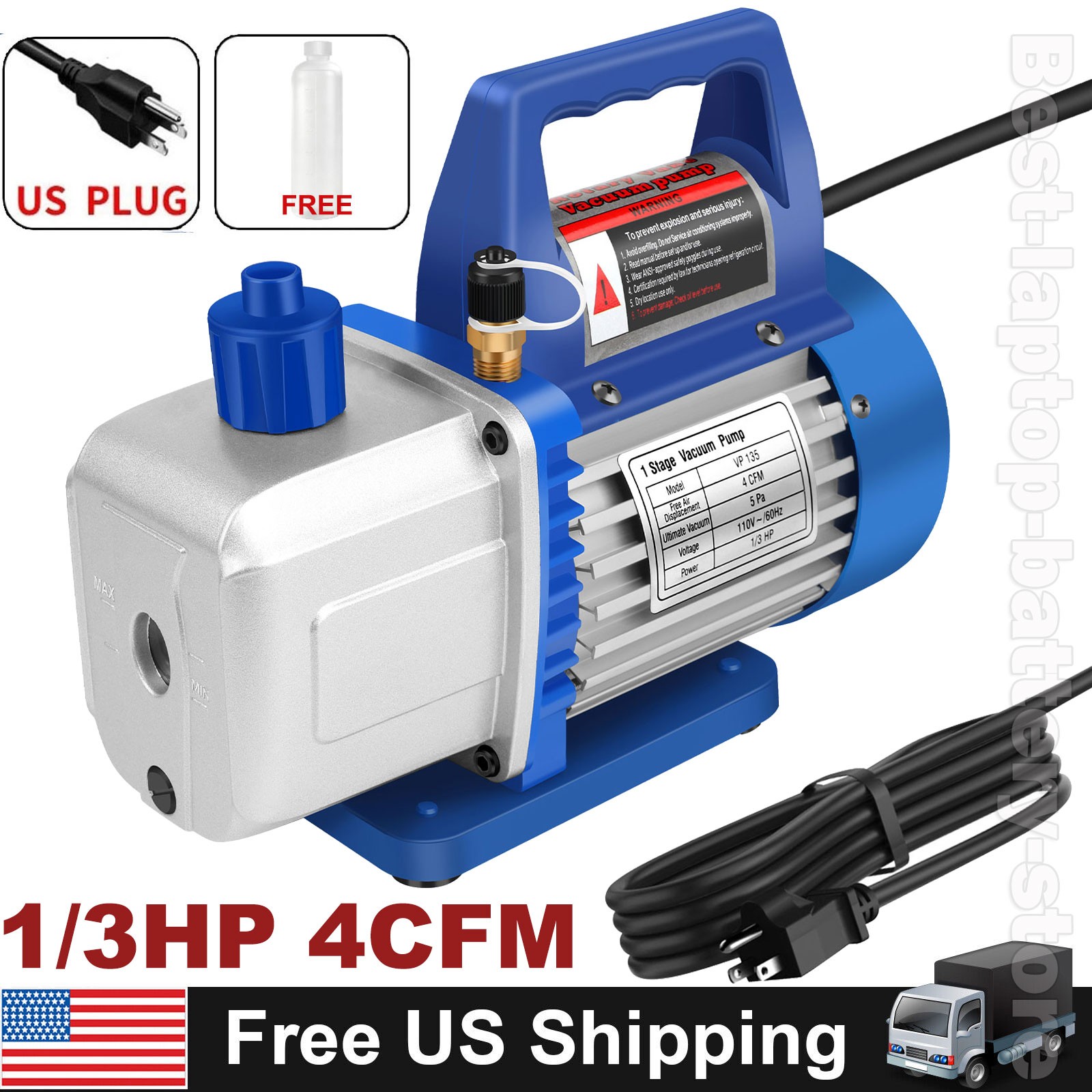 4 CFM AC Vacuum Pump 1/3 HP Single Stage HVAC Refrigeration R134a R22 R12 R502