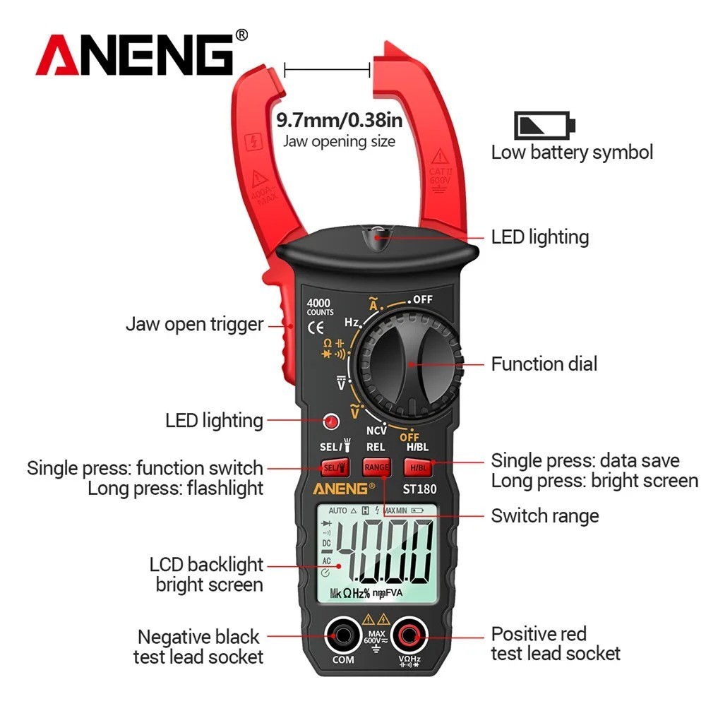 ANENG ST180 Digital Clamp Meter 4000 Counts AC Current Multimeter Voltage Test