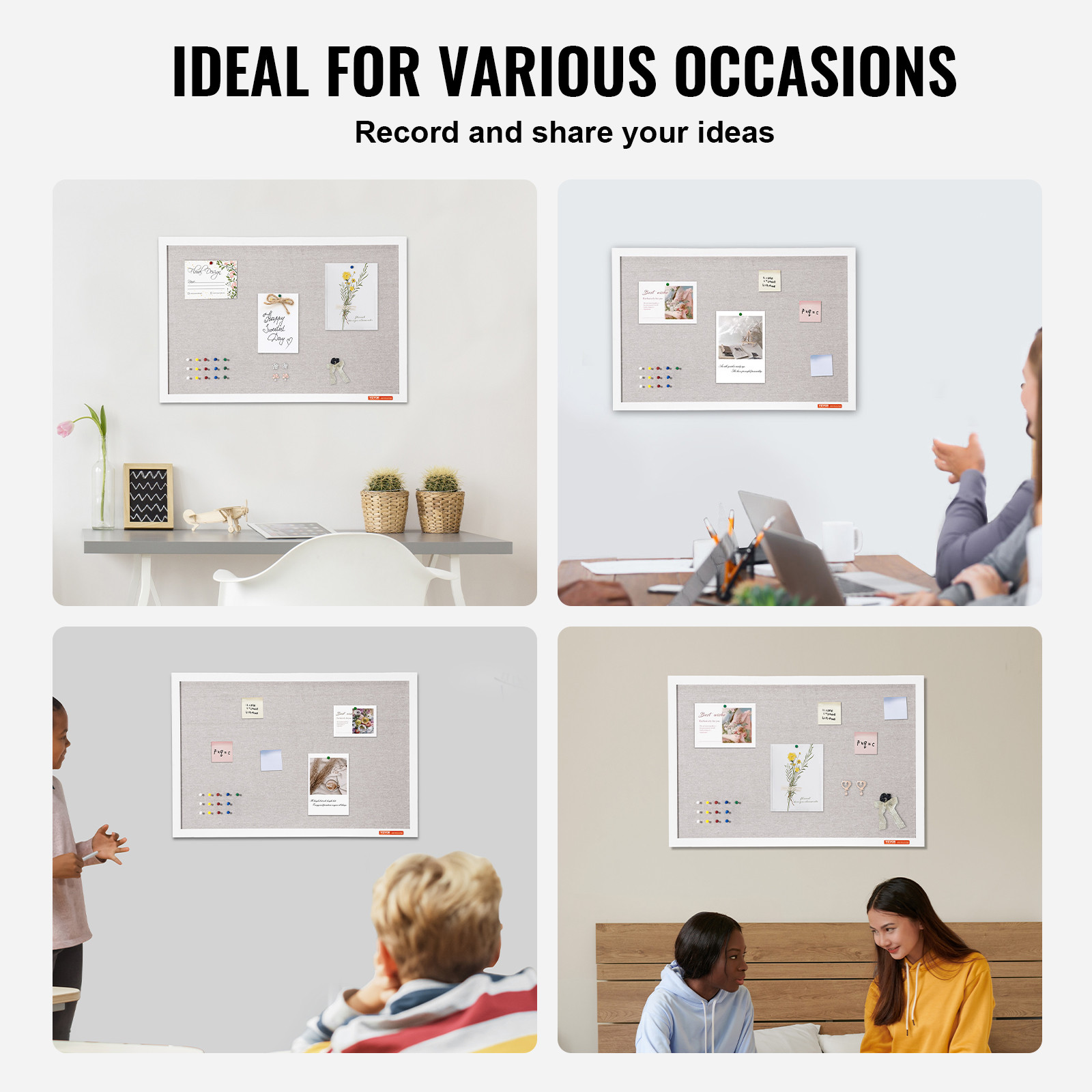 VEVOR 30″x20″ White Cork Board with Linen Surface Wall-Mounted Bulletin Board