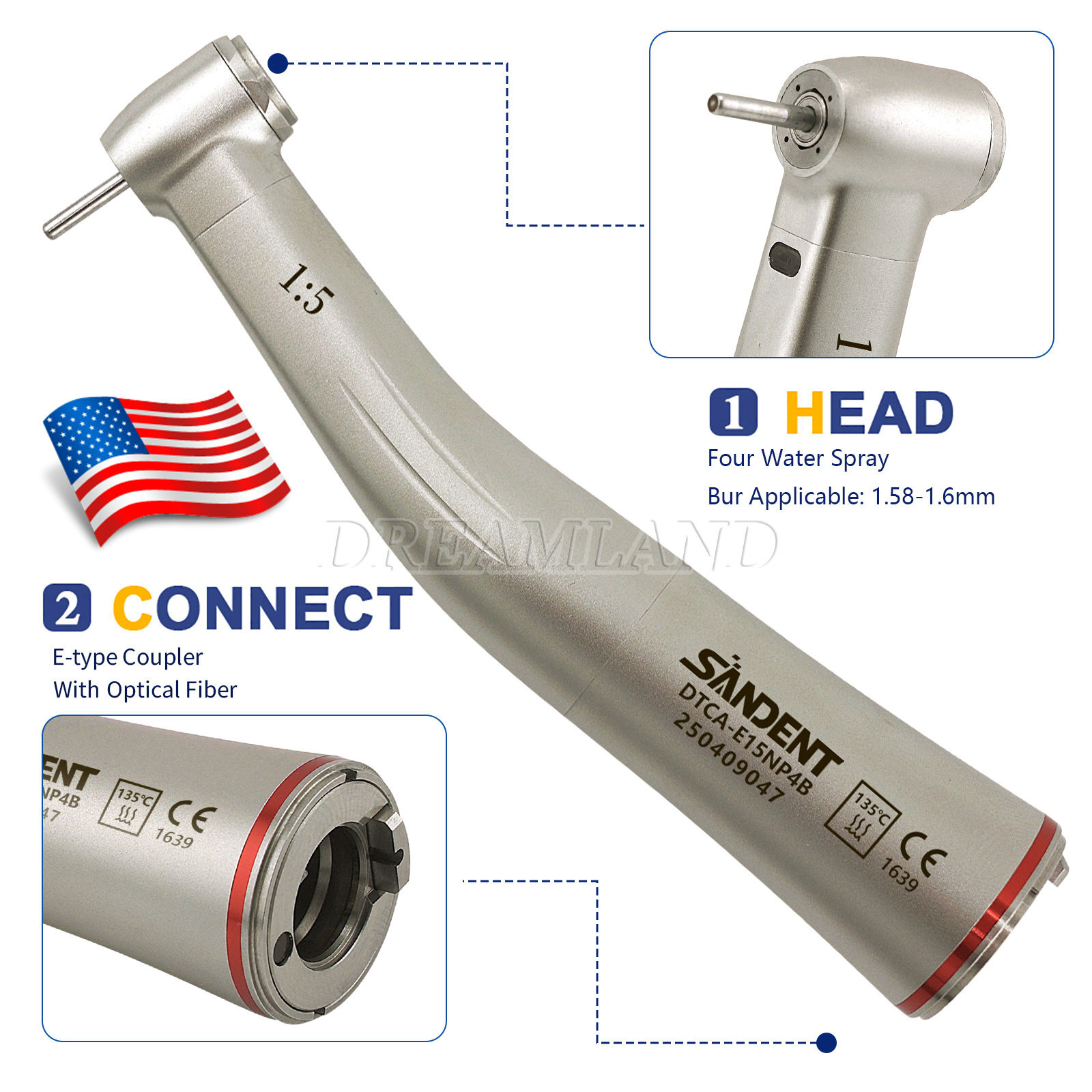 3pcs SANDENT Dental 1:5 LED Contra Angle Handpiece High Speed for Electric Motor