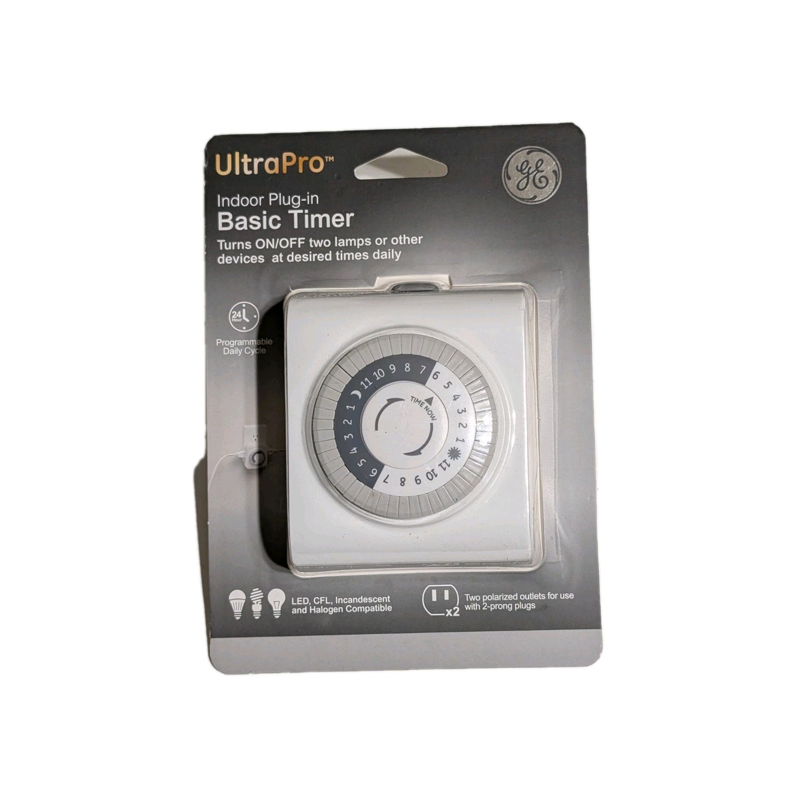GE UltraPro Indoor Mechanical Timer – 24hr – 2-Polarized Outlets – White – NEW!