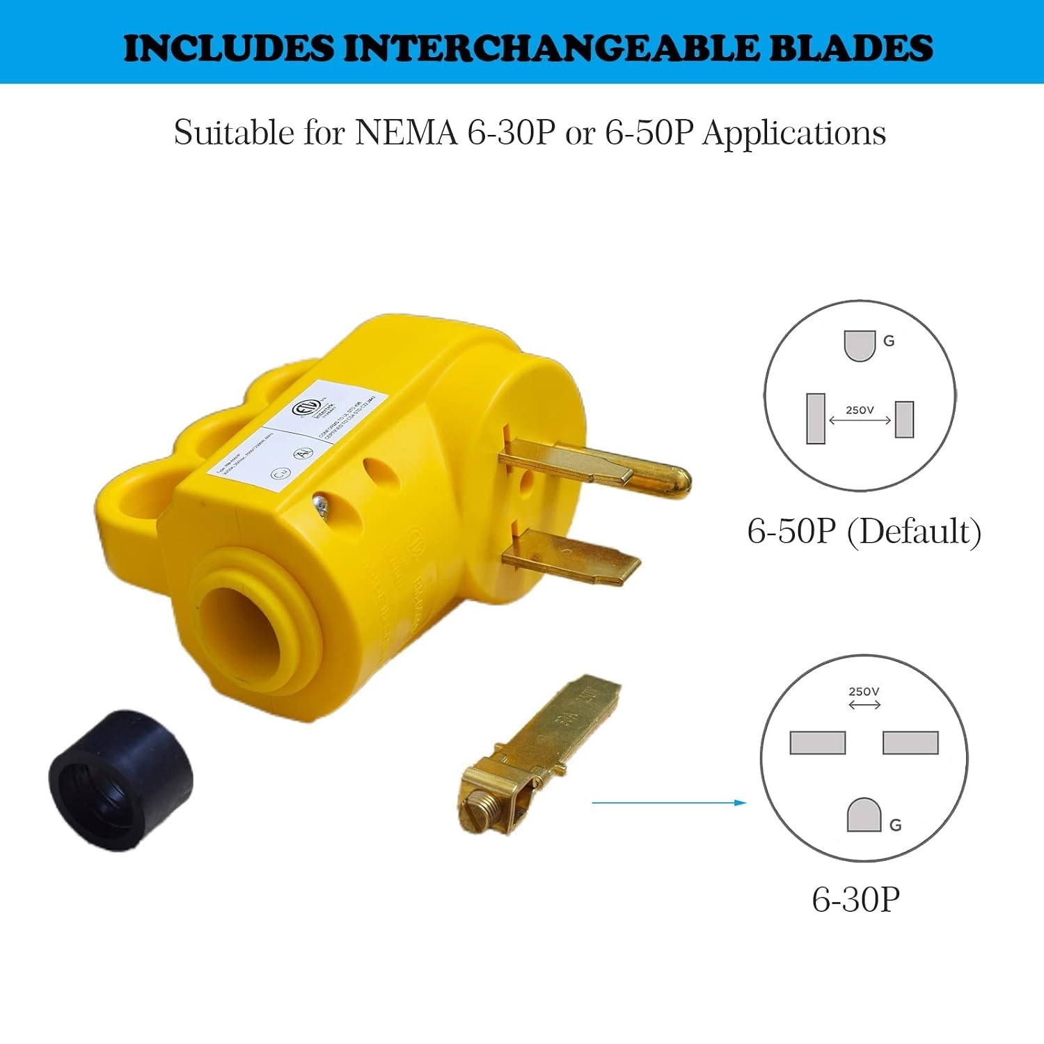 Welder Plug 50 Amp NEMA 6-50P Replacement Male Plug Heavy Duty Yellow ETL Listed