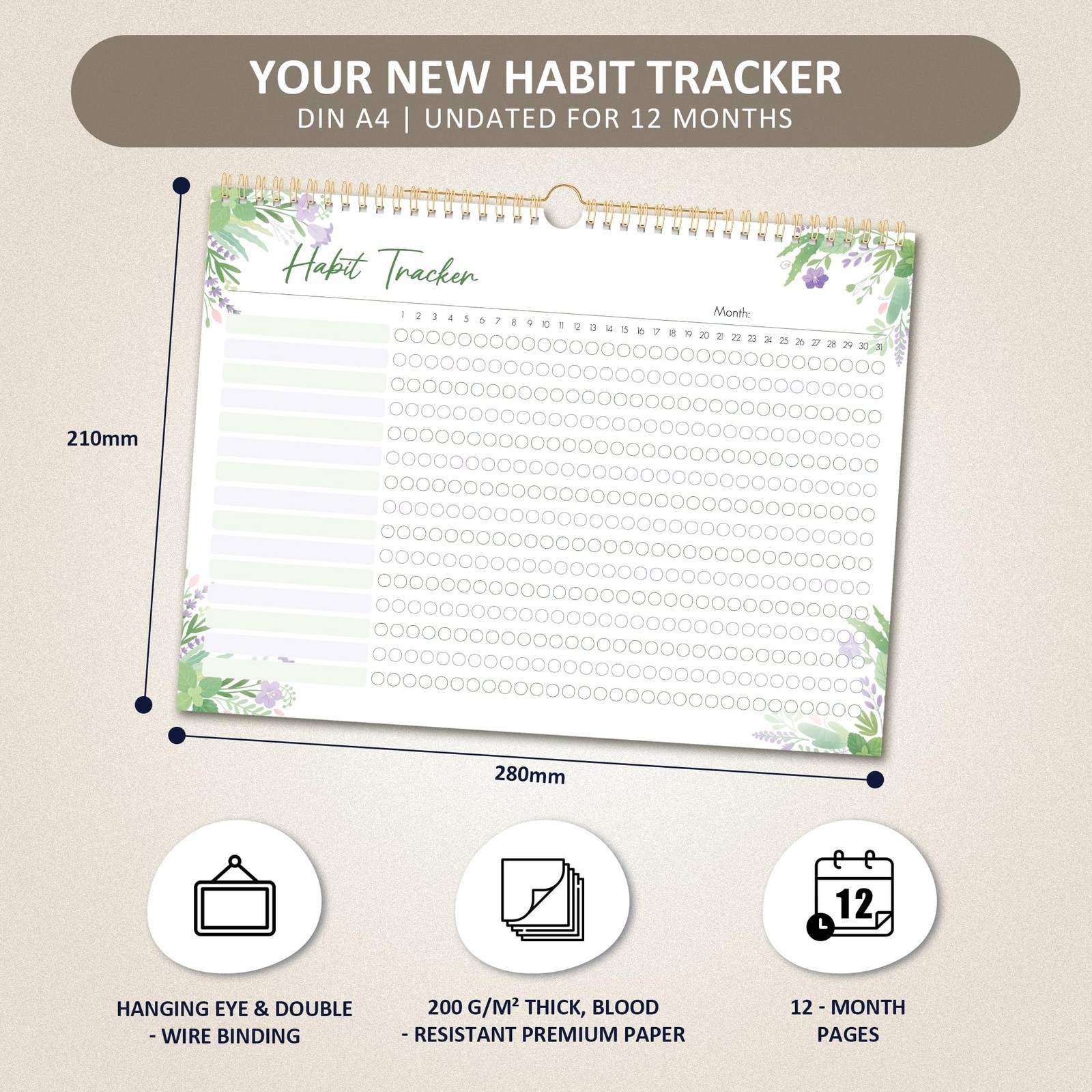 BIROYAL Habit Tracker Calendar 2026 (Undated 12 Months) – Daily Green