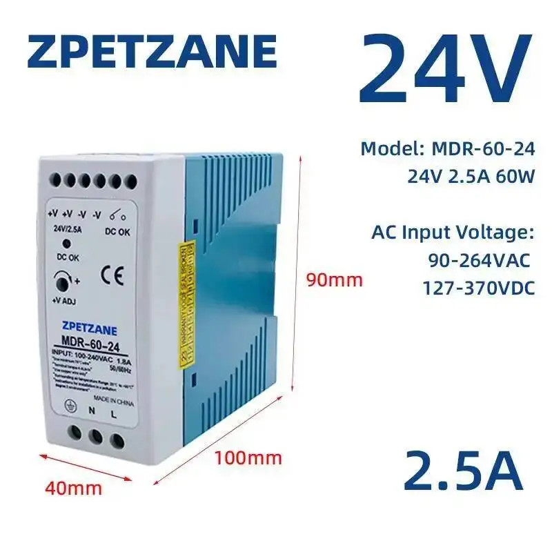 MDR-40W 60W DIN Rail Switching Power Supply SMPS 47-63Hz AC to DC 12V 24V Source