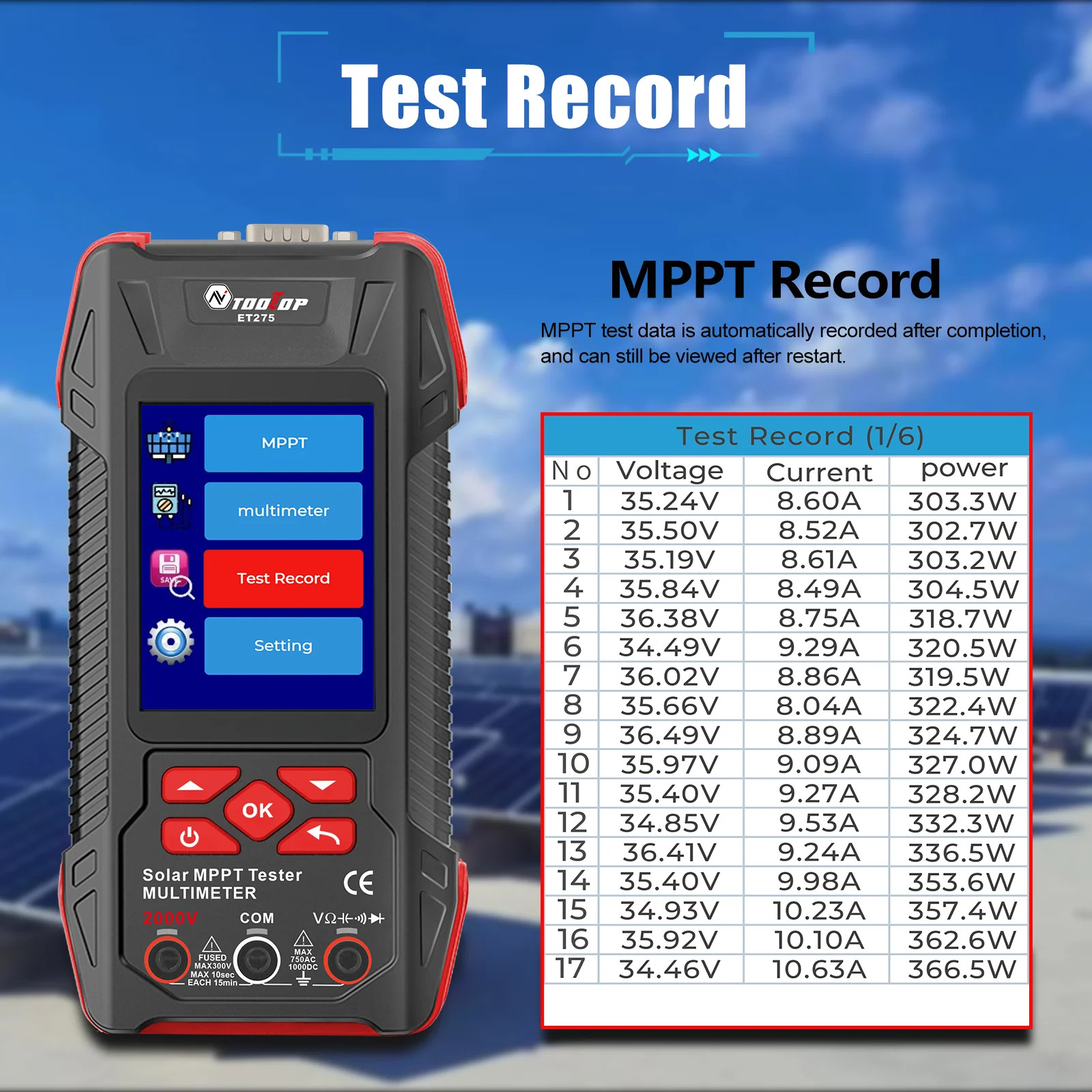 TOOLTOP 2000W Solar MPPT Power Tester Multimeter Pmax Voc Isc PV Meter