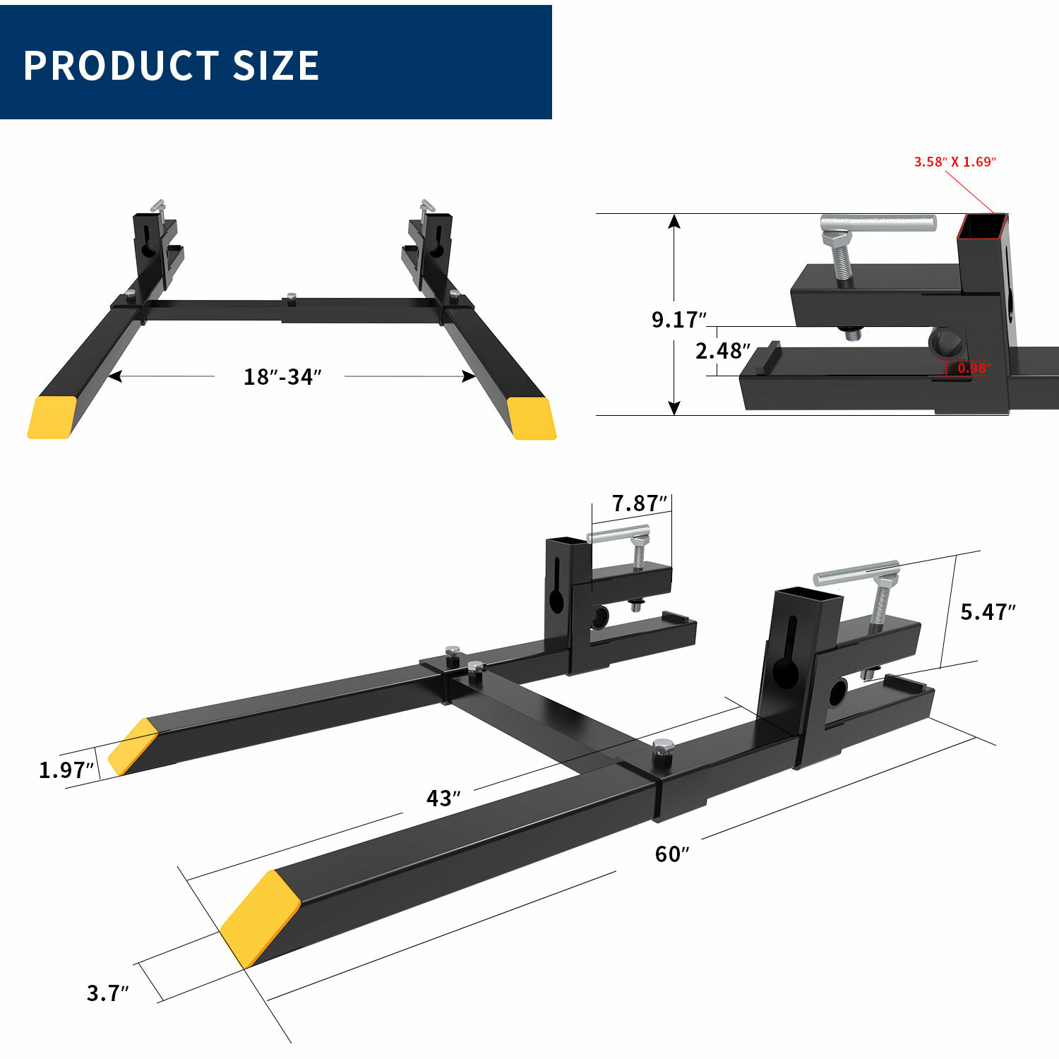 60″ Clamp on Pallet Forks 4000lb Loader Bucket Skid Steer Tractor Stabilizer Bar