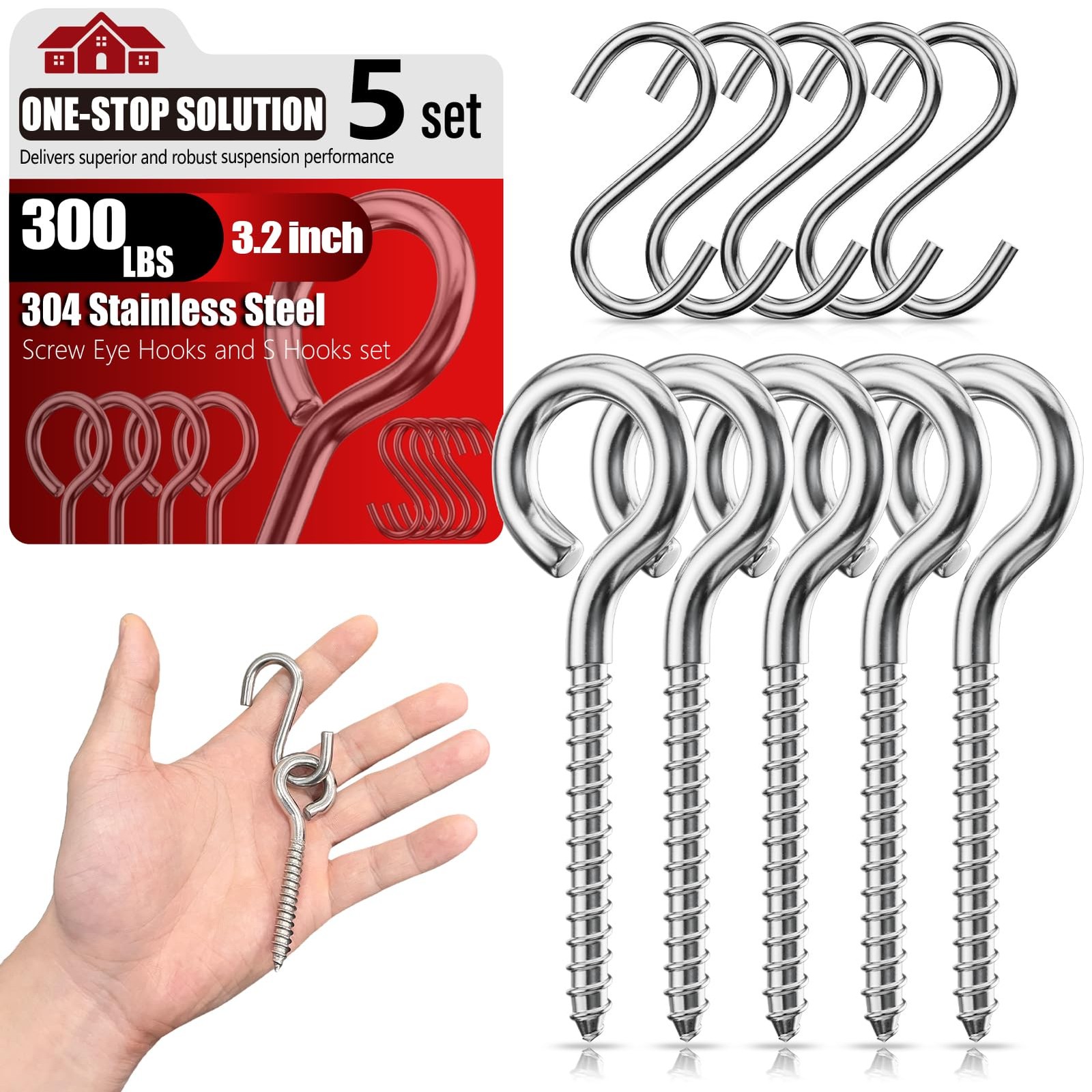 300LBS Heavy Duty 3.2 inch 304 Stainless Steel Screw Eye Hooks with 5 S-Hooks…