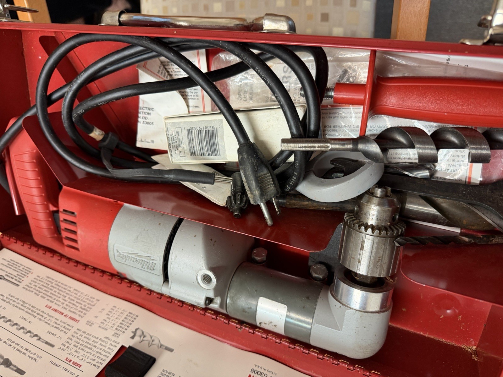 Milwaukee 1/2” Right Angle Drill 1107-1 W/ Metal Case, Bits, & More